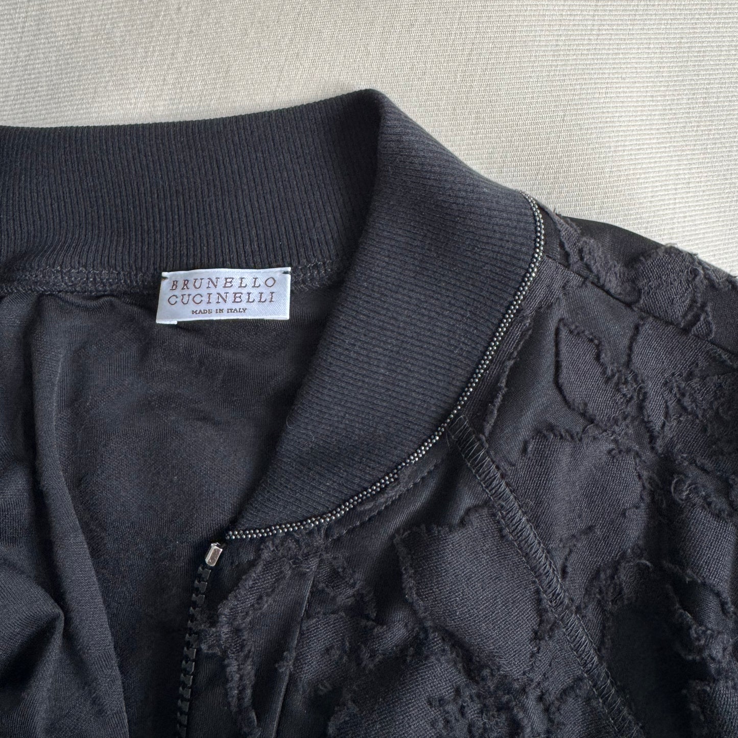 Brunello Cucinelli Fil Coupe Zip-front Bomber Jacket In Black, size Large (fits Medium)