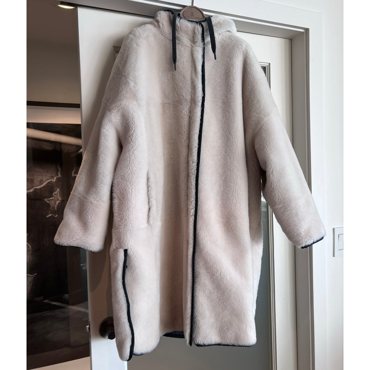 Brunello Cucinelli Reversible Shearling Coat in Ivory/Grey, size 42