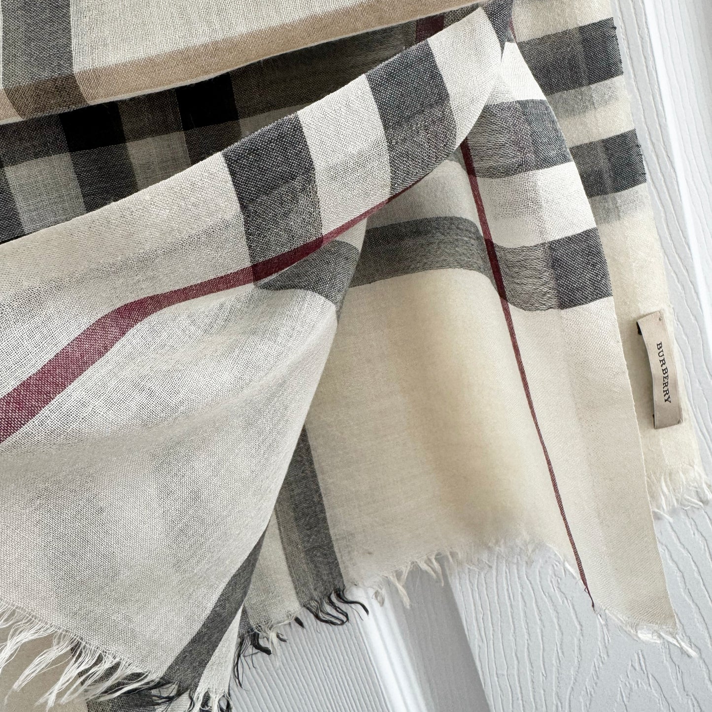 Burberry Wool/Silk Checked Scarf in Ivory