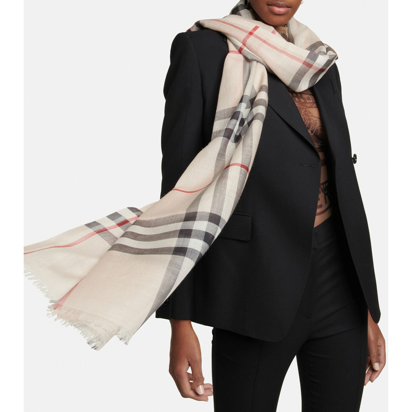 Burberry Wool/Silk Checked Scarf in Ivory