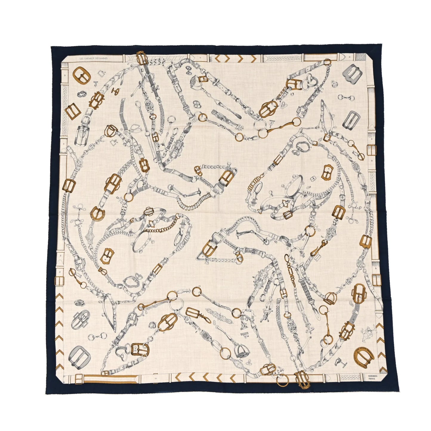 Hermes Cashmere/Silk "Les Chevaux Dechaines" Shawl 140 in Marine/Naturel/Gris