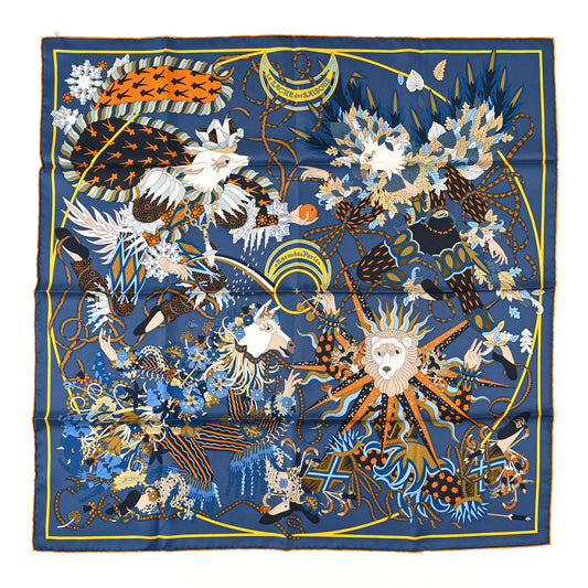 Hermes Le Sacre des Saisons Silk Scarf 90 in Blue/Camel