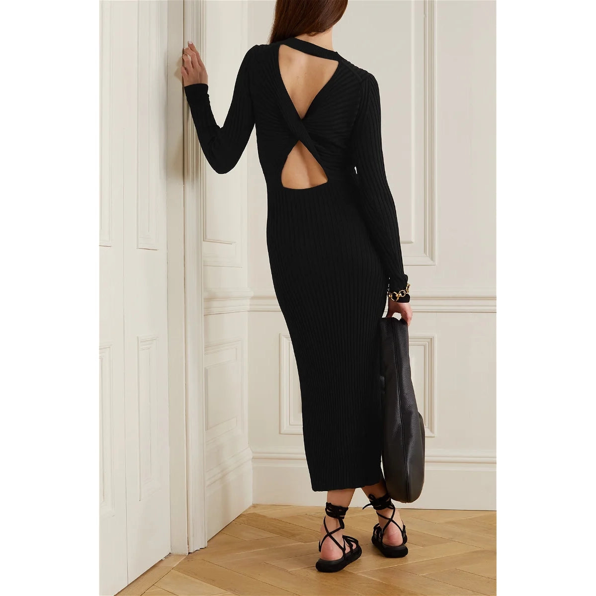 CAES Open-Back Ribbed-Knit Midi Dress in Black, size Large (fits M/L)