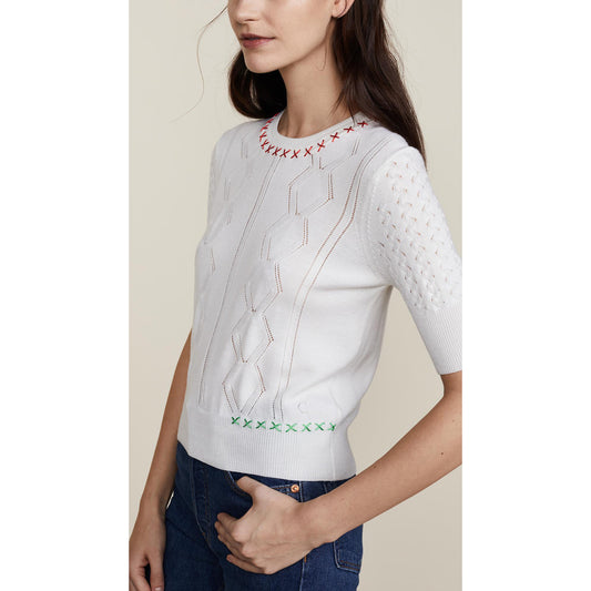 Pull court « Cross Stitch » en laine mérinos blanche Carven, Taille S (convient comme XS)