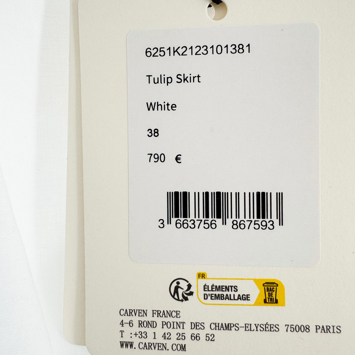 Carven "Tulip" Skirt in White Poplin, size 38