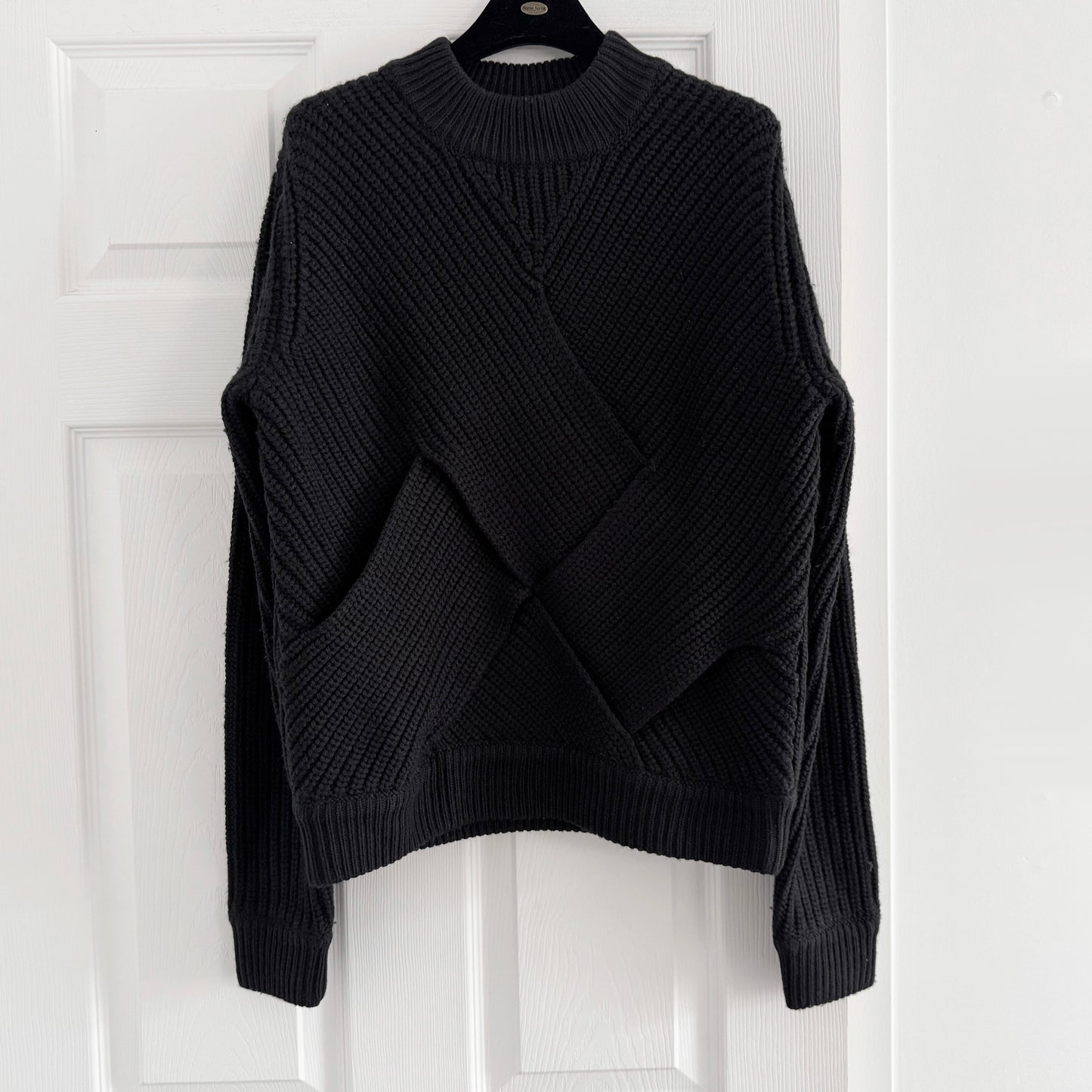 Carven Criss Cross Front Wool Sweater in Black, size Large (fits M/L)