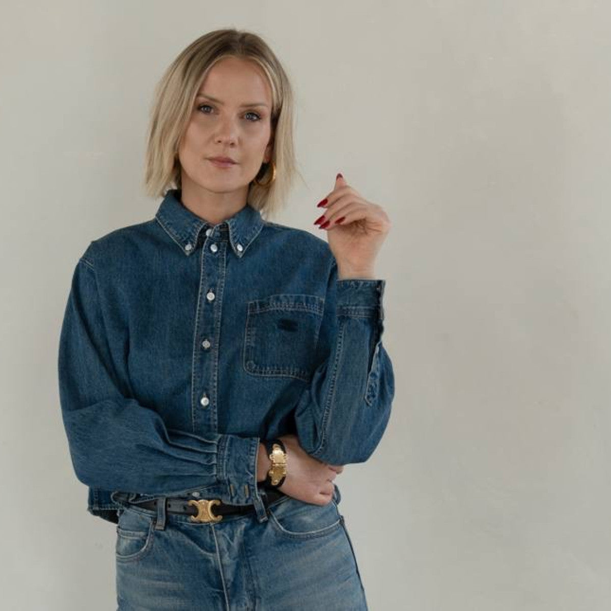 Celine Cropped Denim Shirt in Blue, size XS