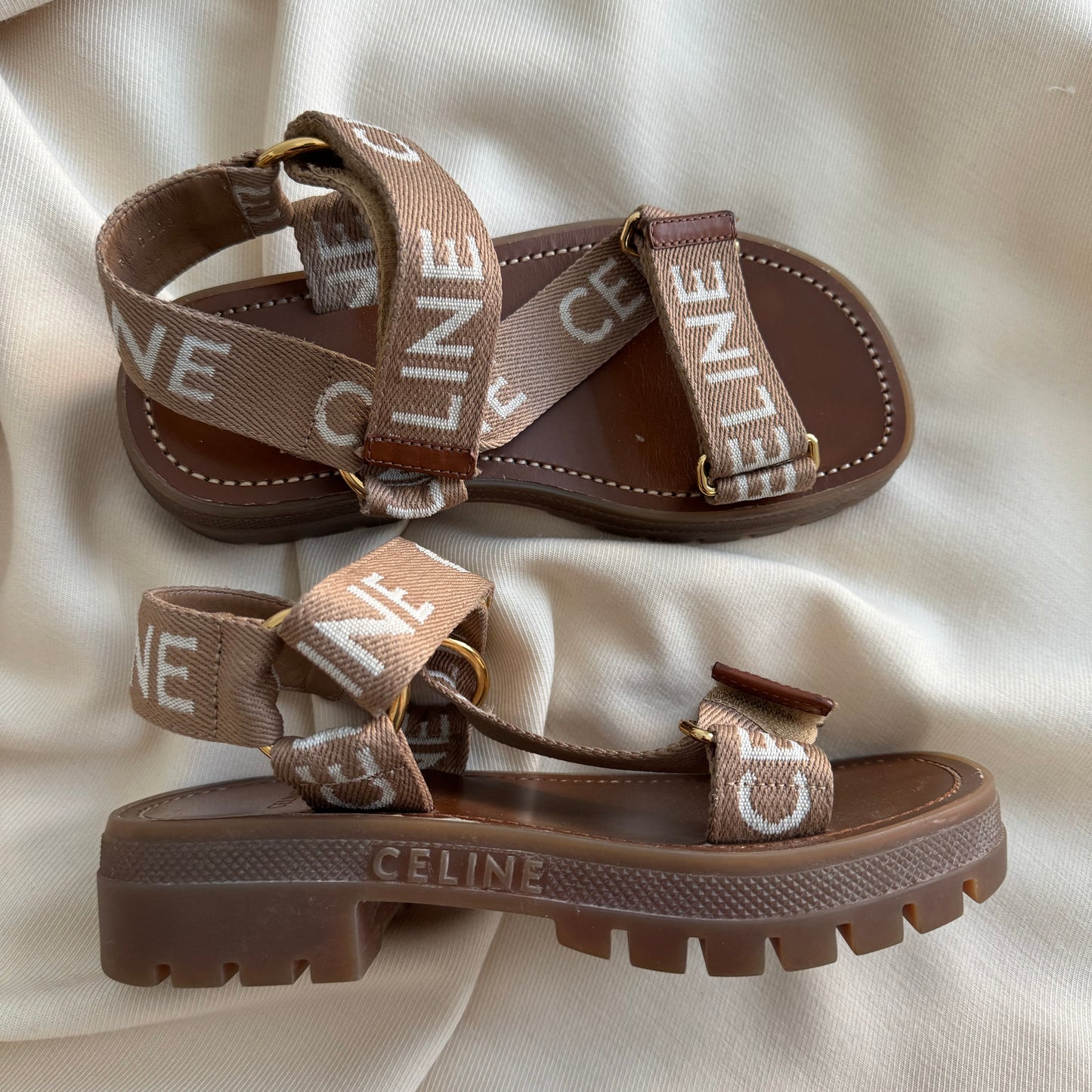 Celine "Leo" Logo Sandals in Beige, size 35