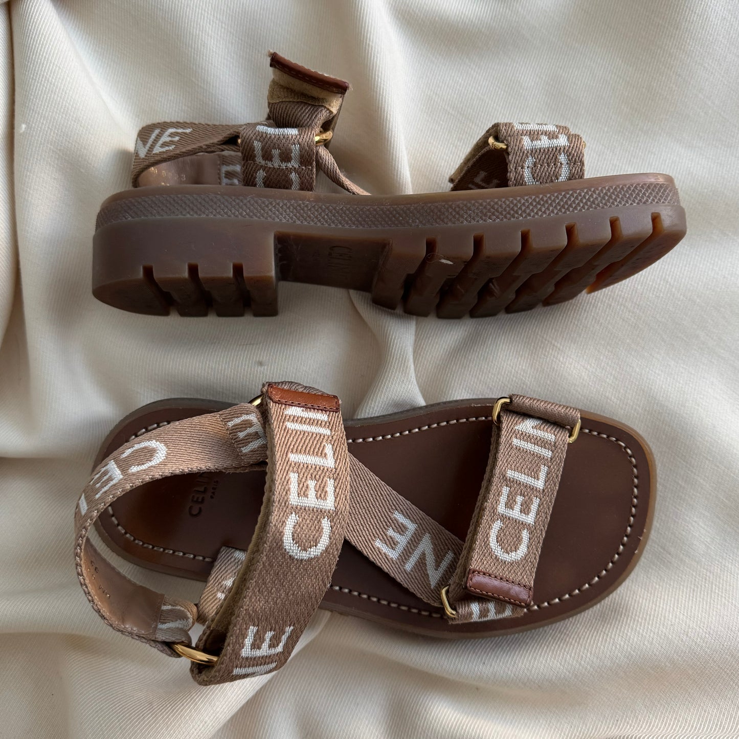 Celine "Leo" Logo Sandals in Beige, size 35