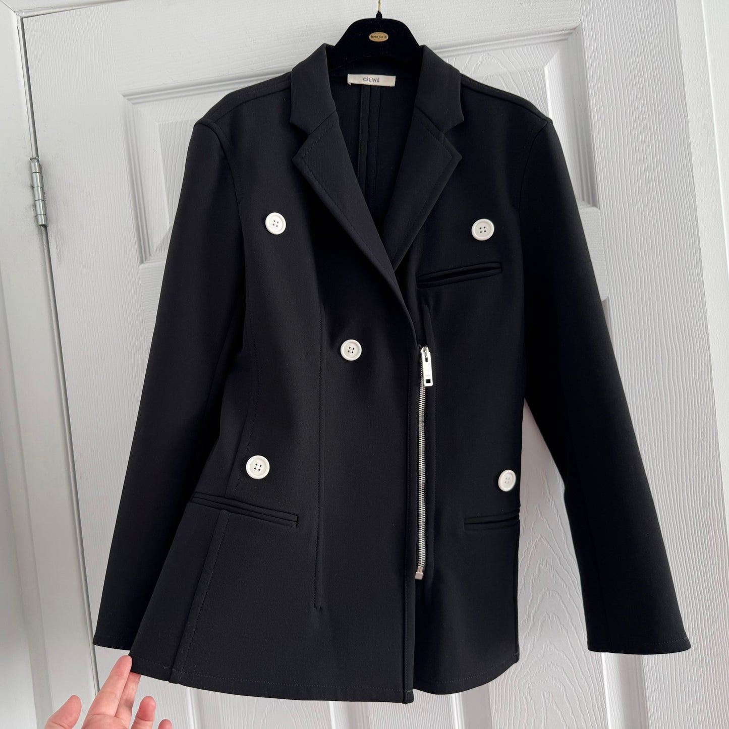 Celine Wool Crepe Blazer with White Buttons, size 38