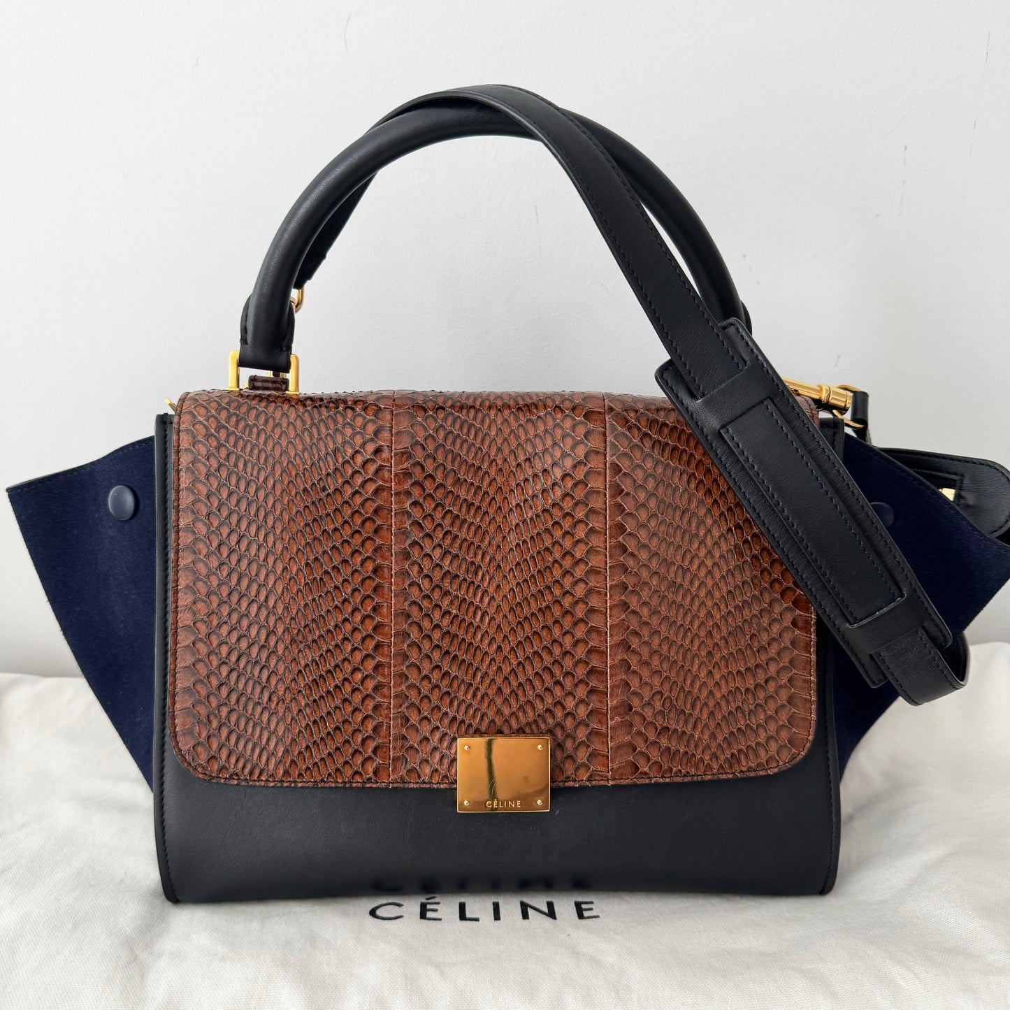 Celine Tri-colour Nano Trapeze Bag in Snakeskin/Black/Navy