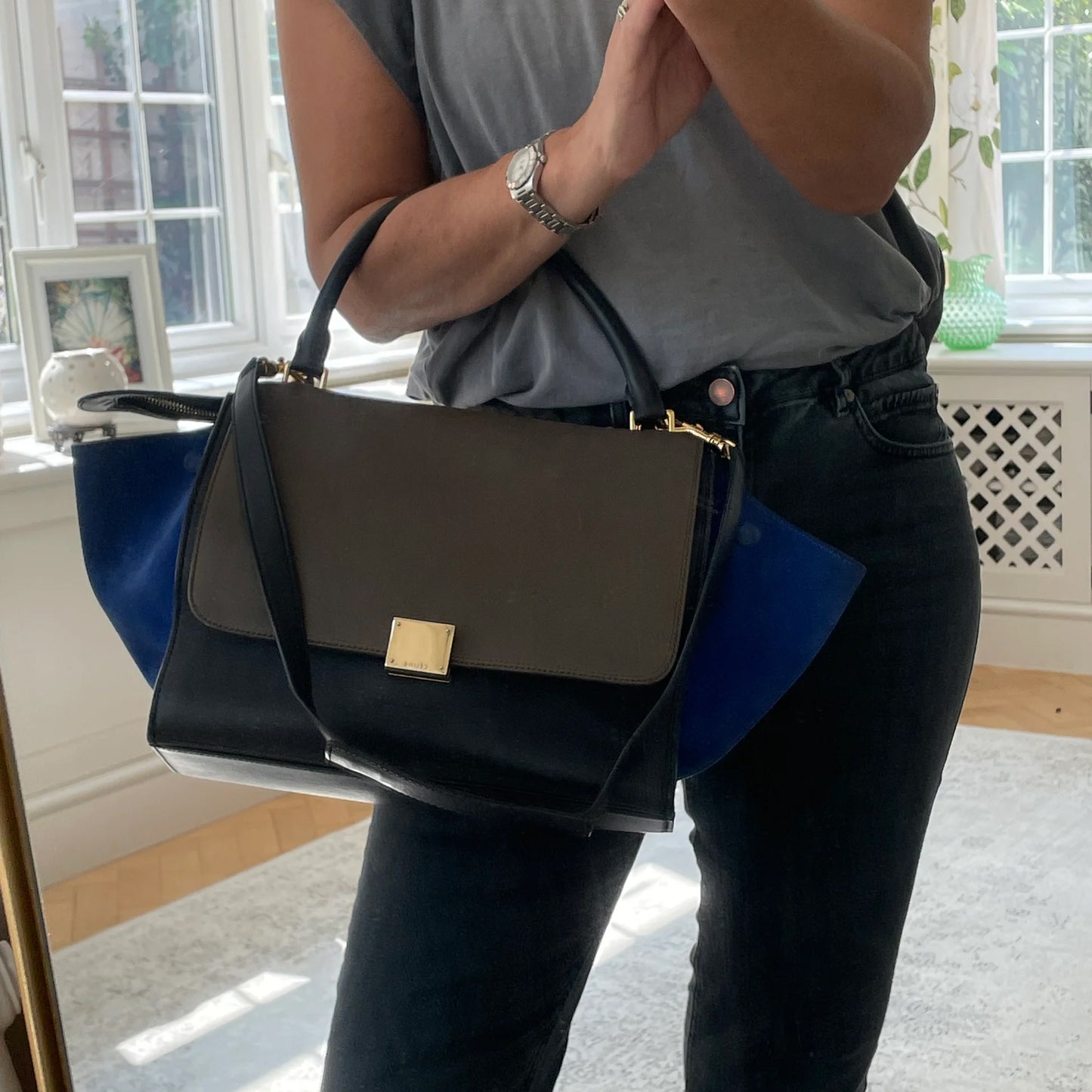 Celine Tri-colour Nano Trapeze Bag in Snakeskin/Black/Navy