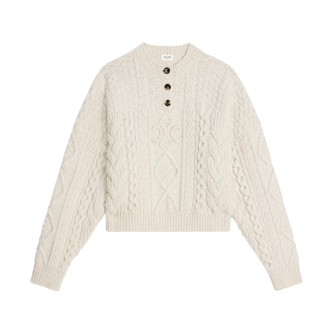 Celine Triomphe Crew Neck Aran Wool Sweater in Off-White , size Medium