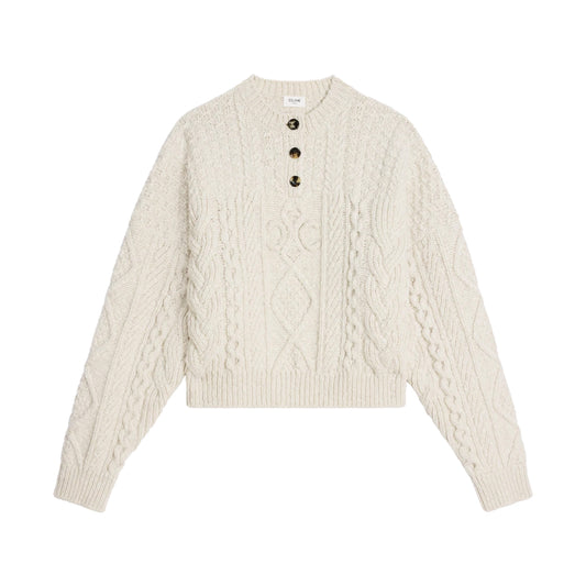 Celine Triomphe Crew Neck Aran Wool Sweater in Off-White , size Medium