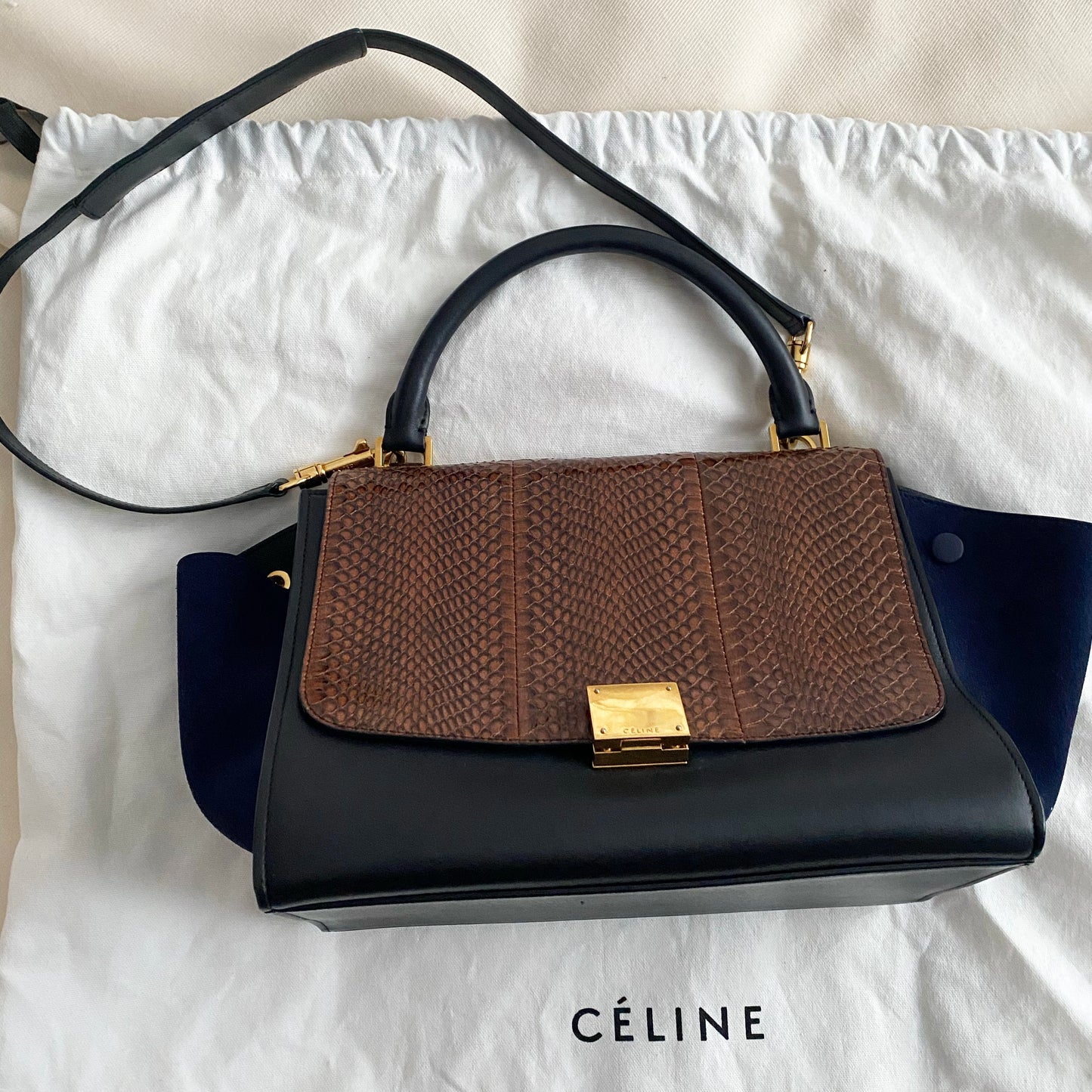 Celine Nano Trapeze Bag in Snakeskin/Black/Navy