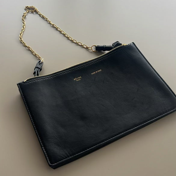 Celine Trio Shoulder Bag w Chain Strap in Black Leather