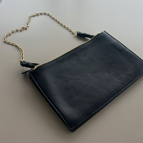 Celine Trio Shoulder Bag w Chain Strap in Black Leather