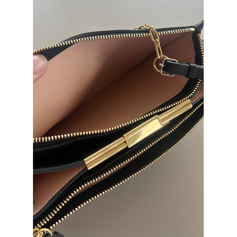 Celine Trio Shoulder Bag w Chain Strap in Black Leather