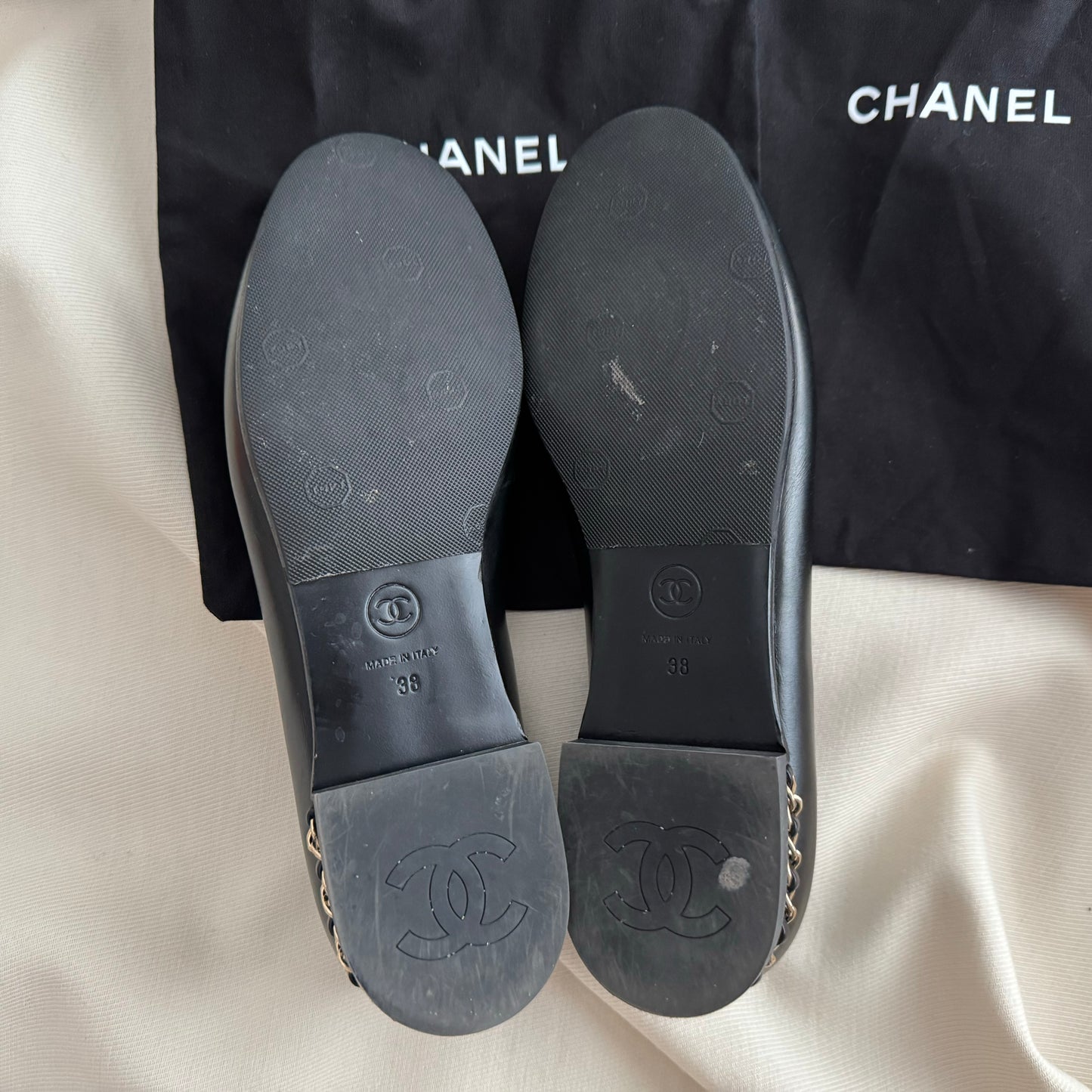 Chanel CC Chain Moccasin Loafers in Black, size 38