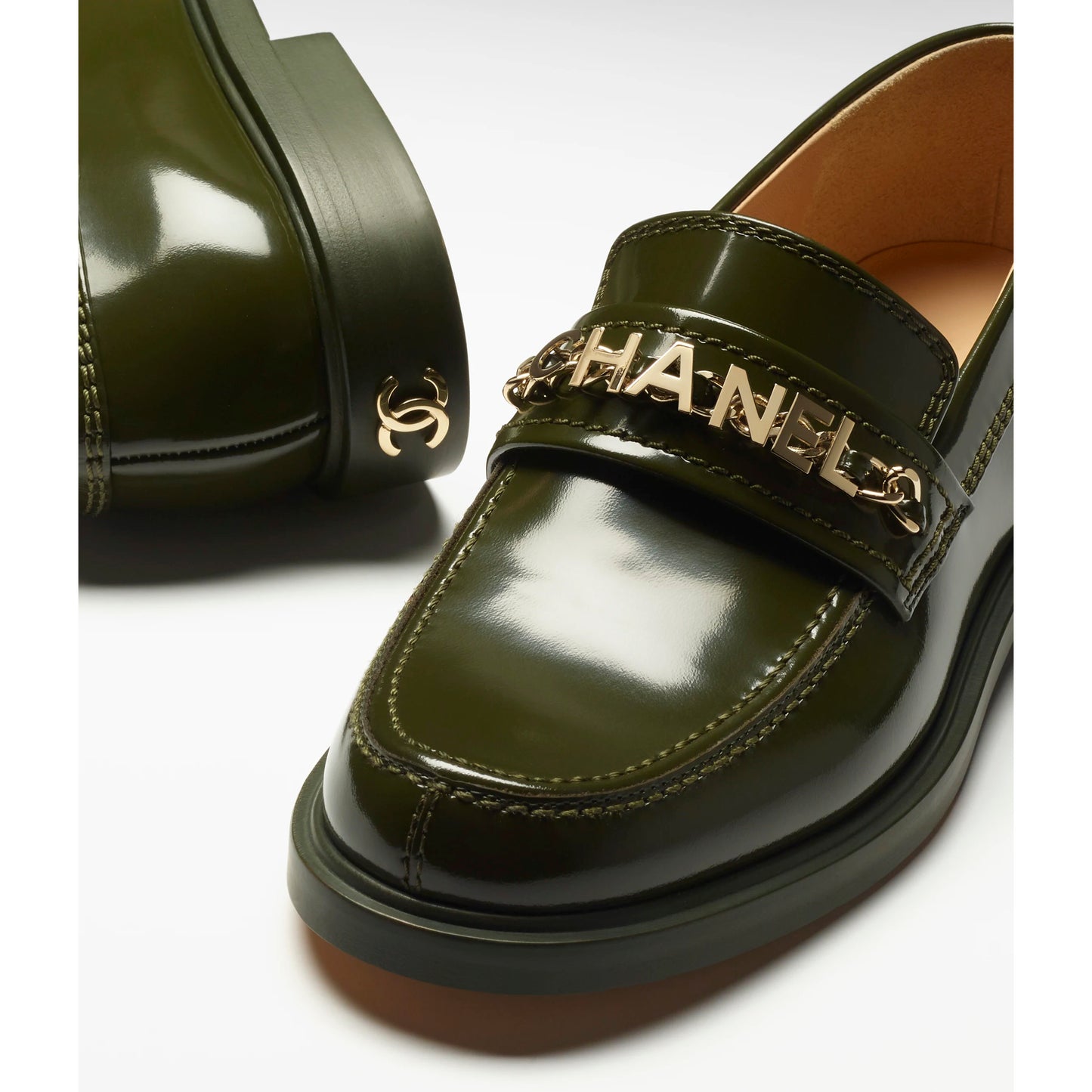 Chanel Patent Leather Loafers in Green, size 38