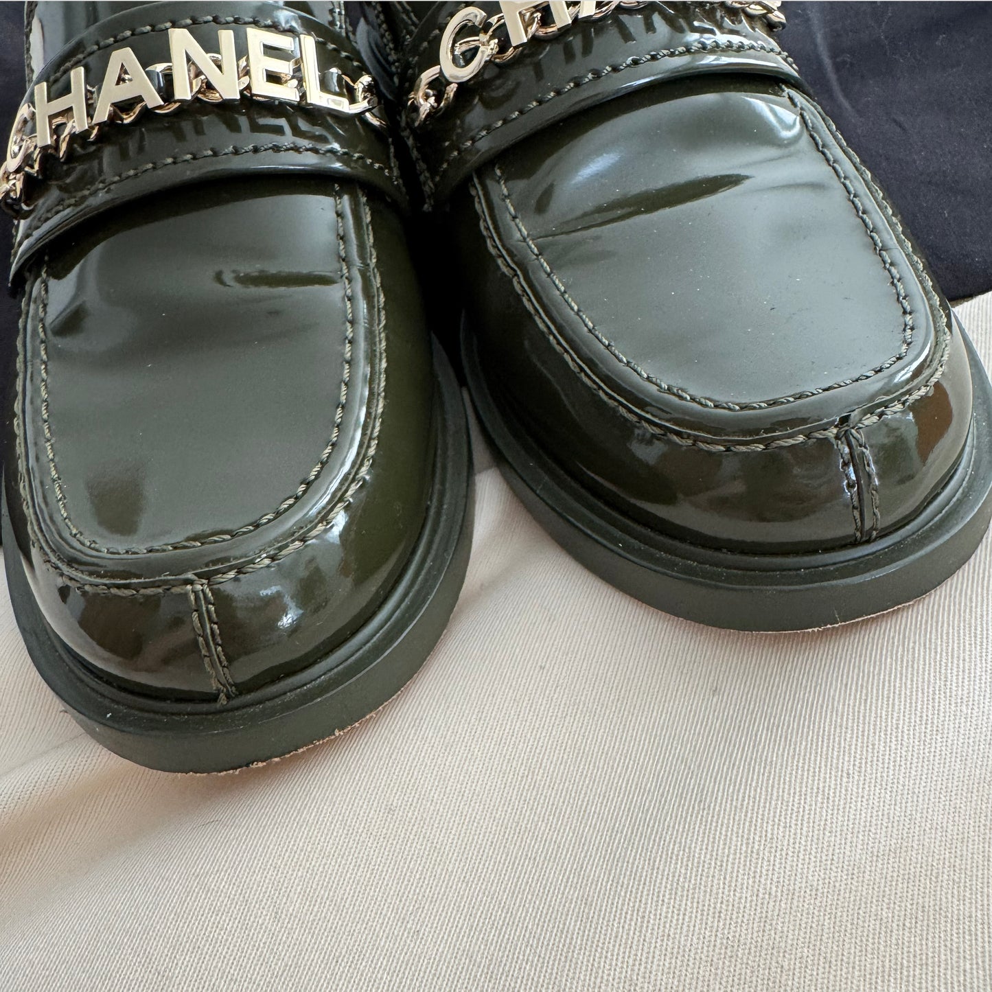 Chanel Patent Leather Loafers in Green, size 38