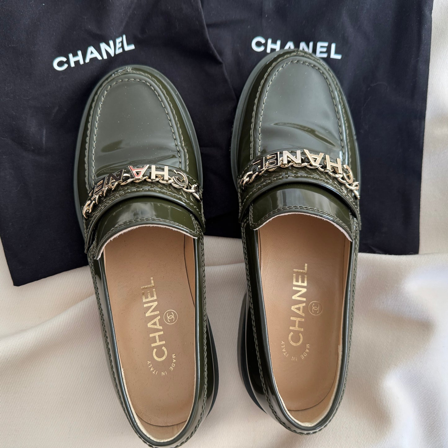 Chanel Patent Leather Loafers in Green, size 38
