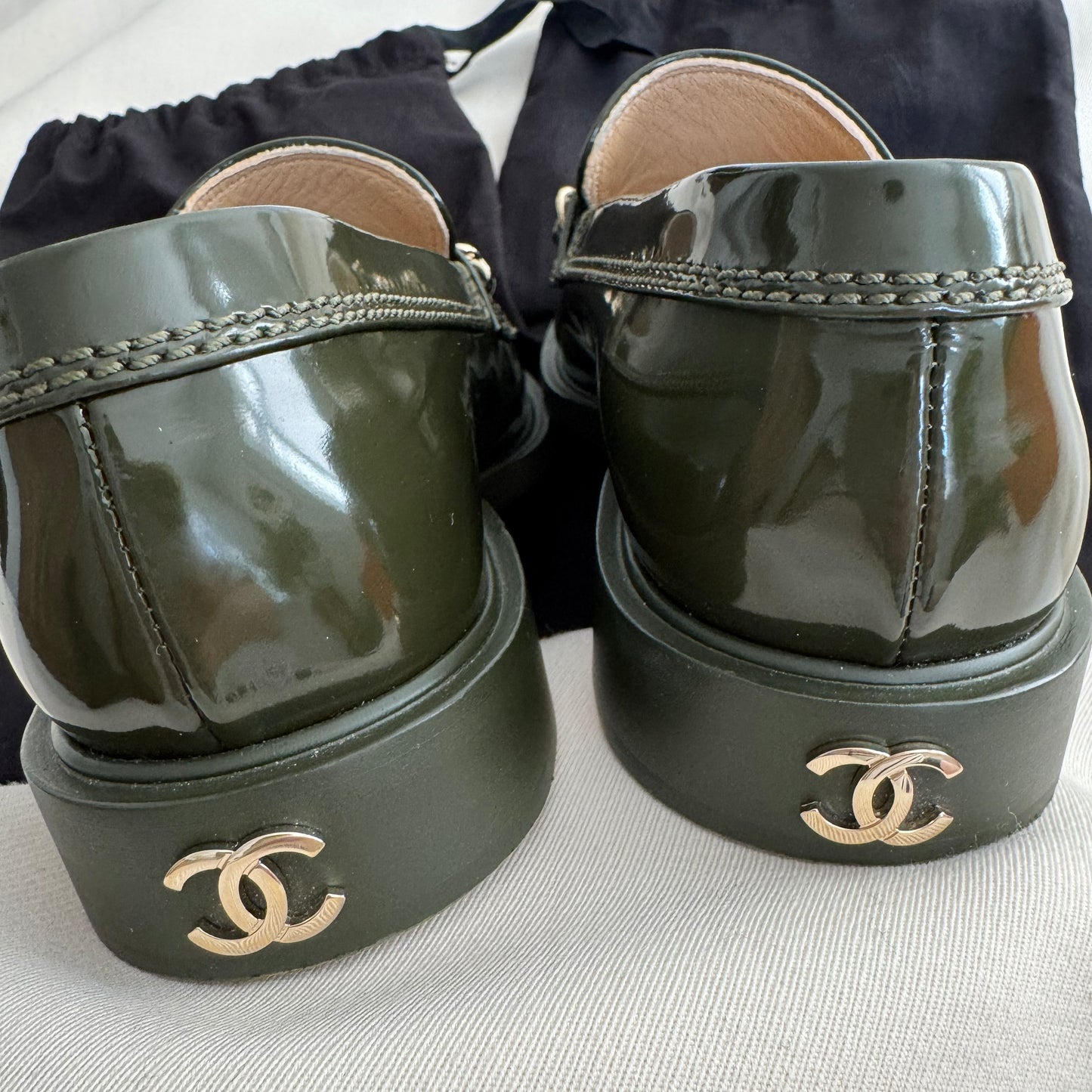 Chanel Patent Leather Loafers in Green, size 38