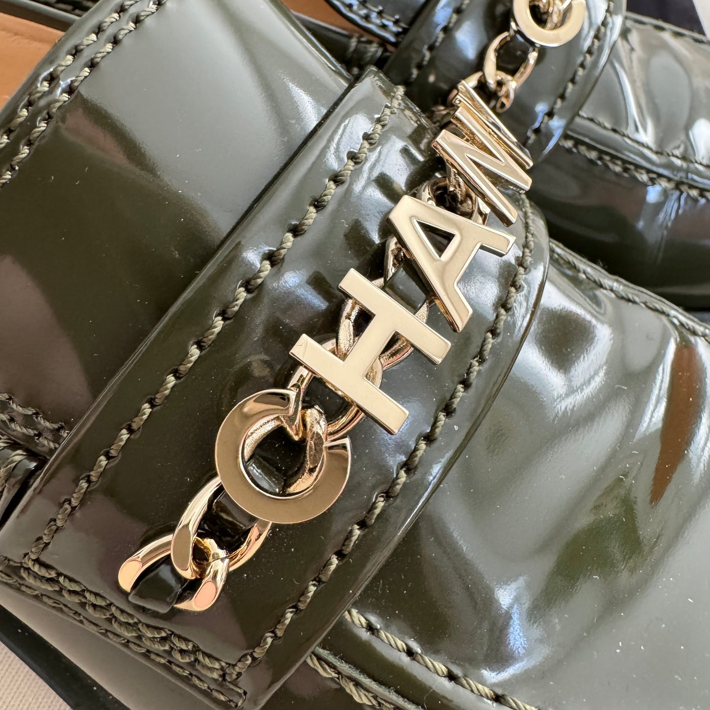 Chanel Patent Leather Loafers in Green, size 38