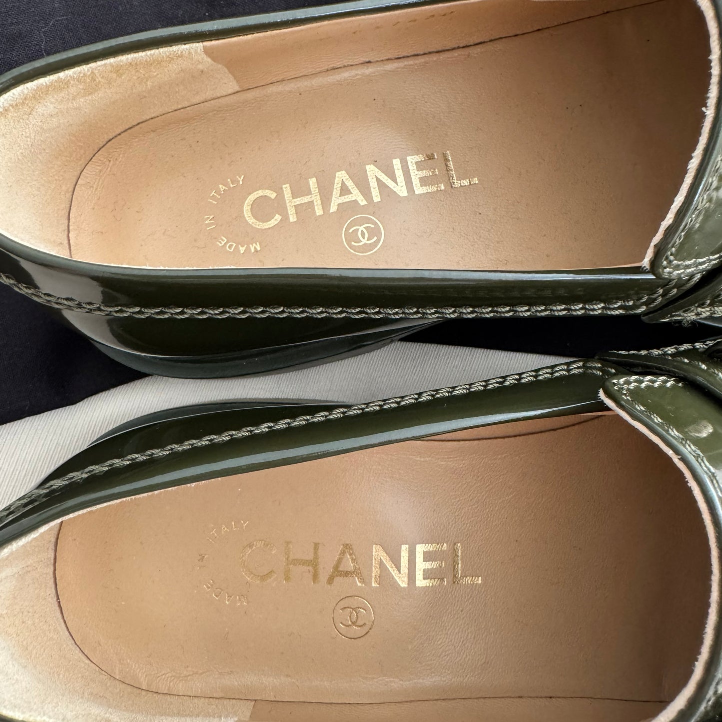 Chanel Patent Leather Loafers in Green, size 38