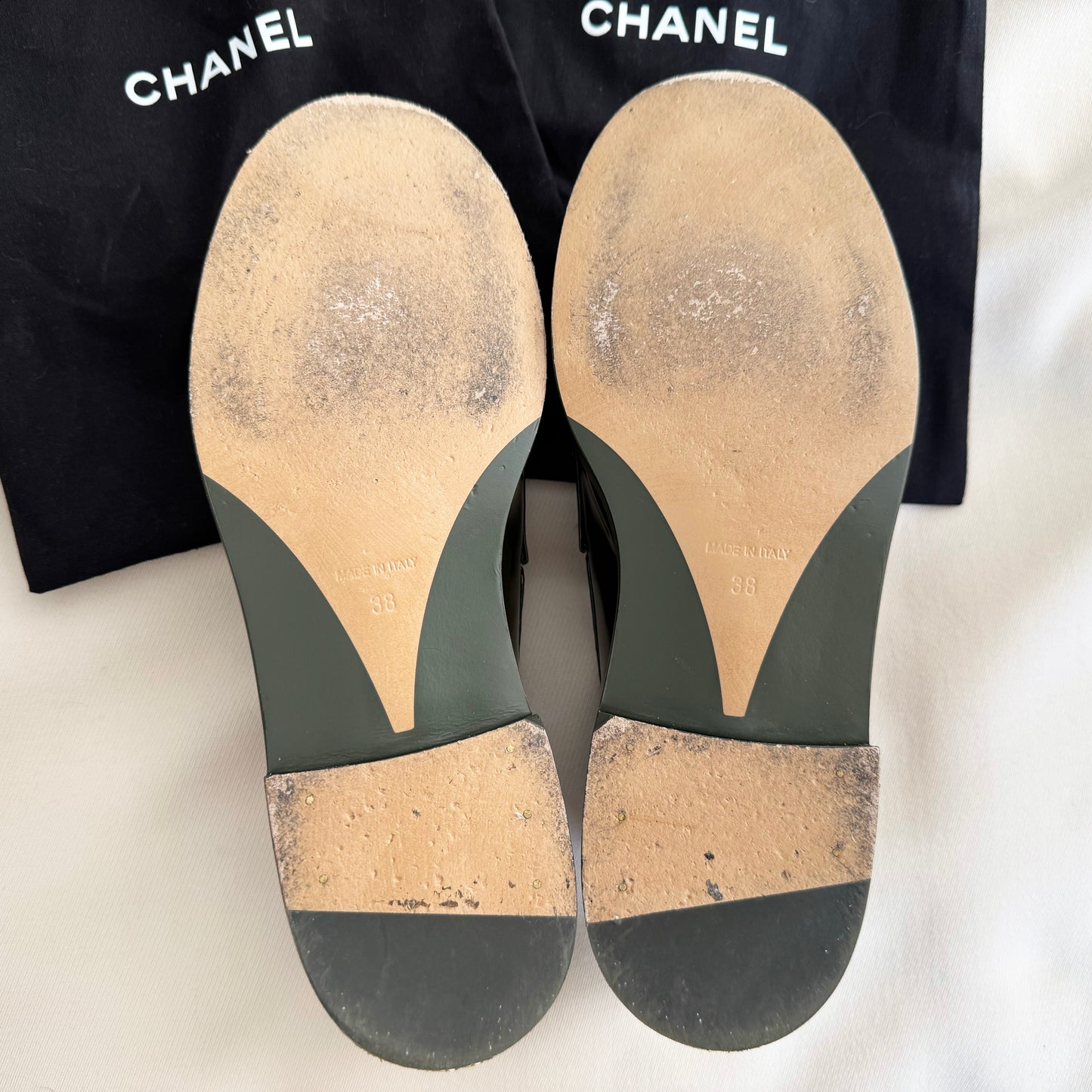 Chanel Patent Leather Loafers in Green, size 38