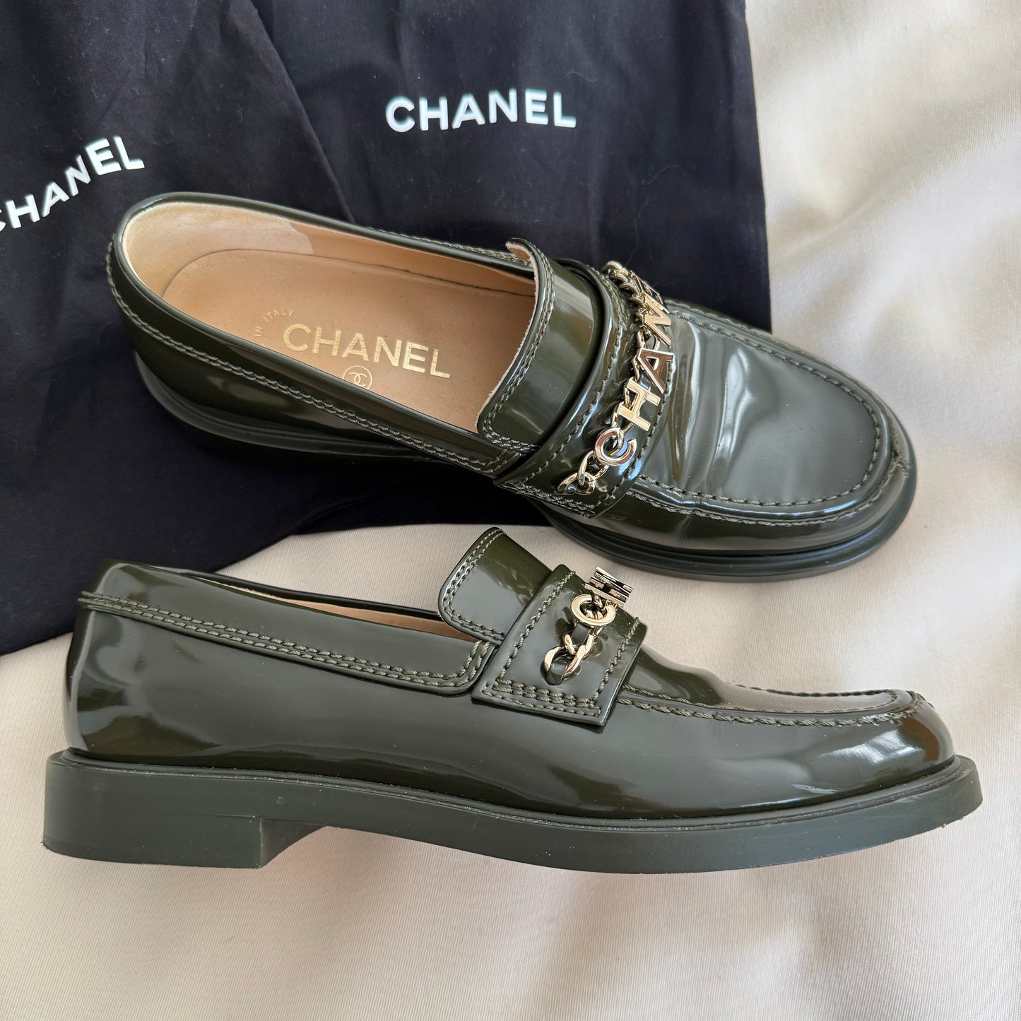 Chanel Patent Leather Loafers in Green, size 38
