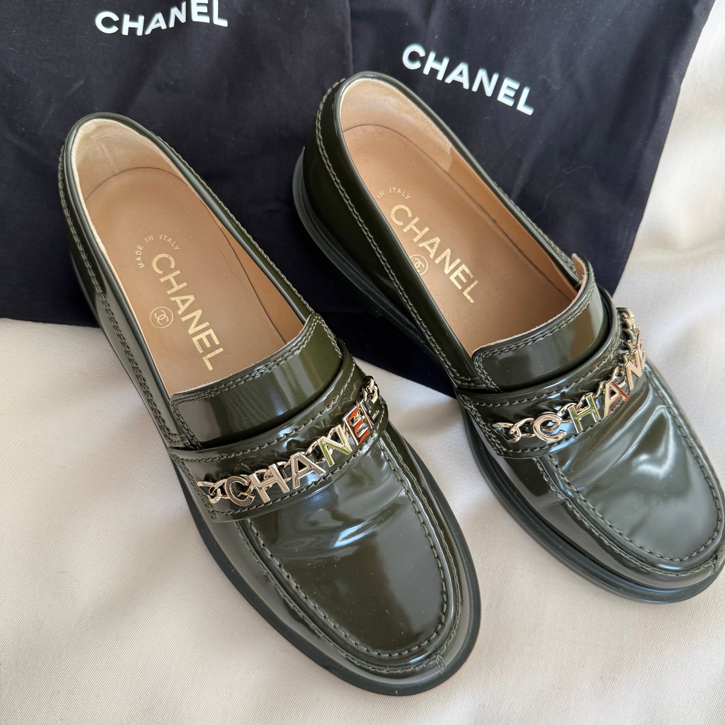 Chanel Patent Leather Loafers in Green, size 38