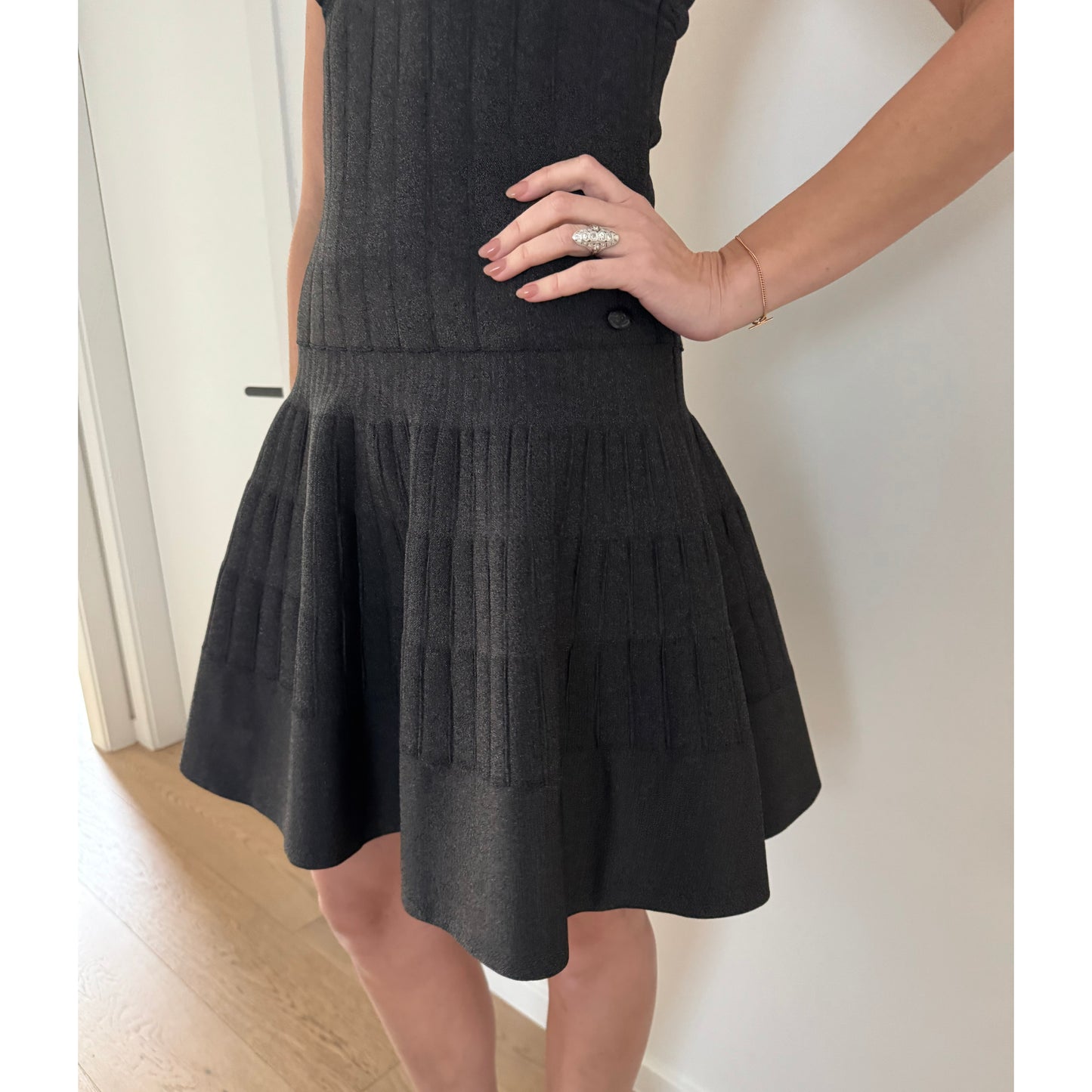 Chanel V-Neck Ponte Knit Dress in Grey, size 38 (fits size 4)