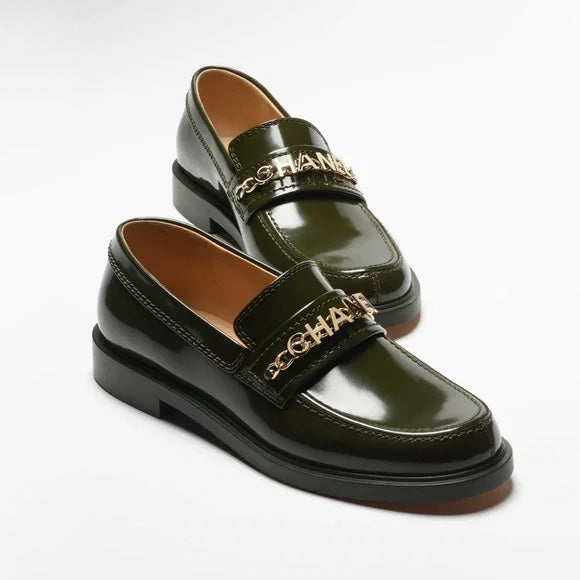 Chanel Patent Leather Loafers in Green, size 38