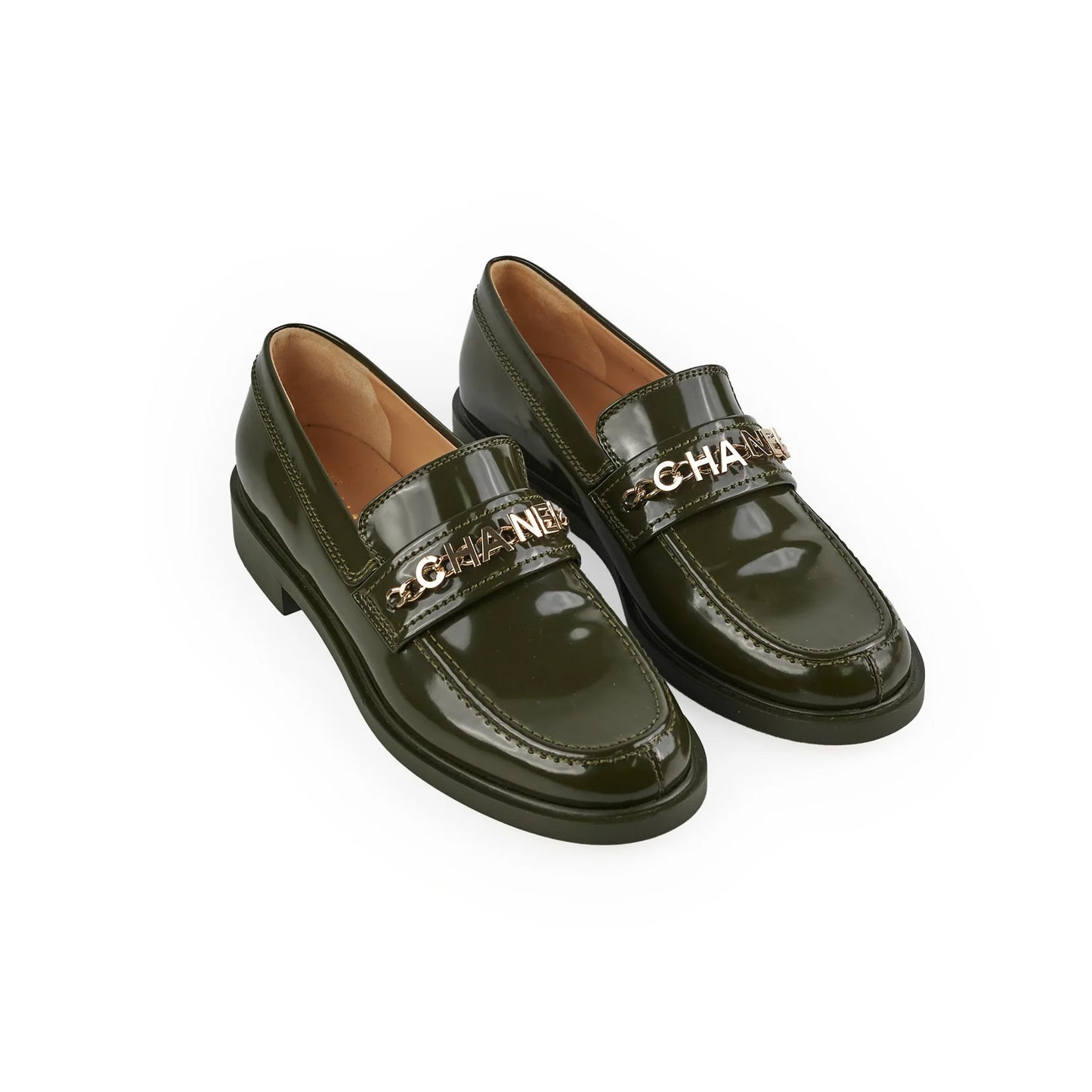 Chanel Patent Leather Loafers in Green, size 38