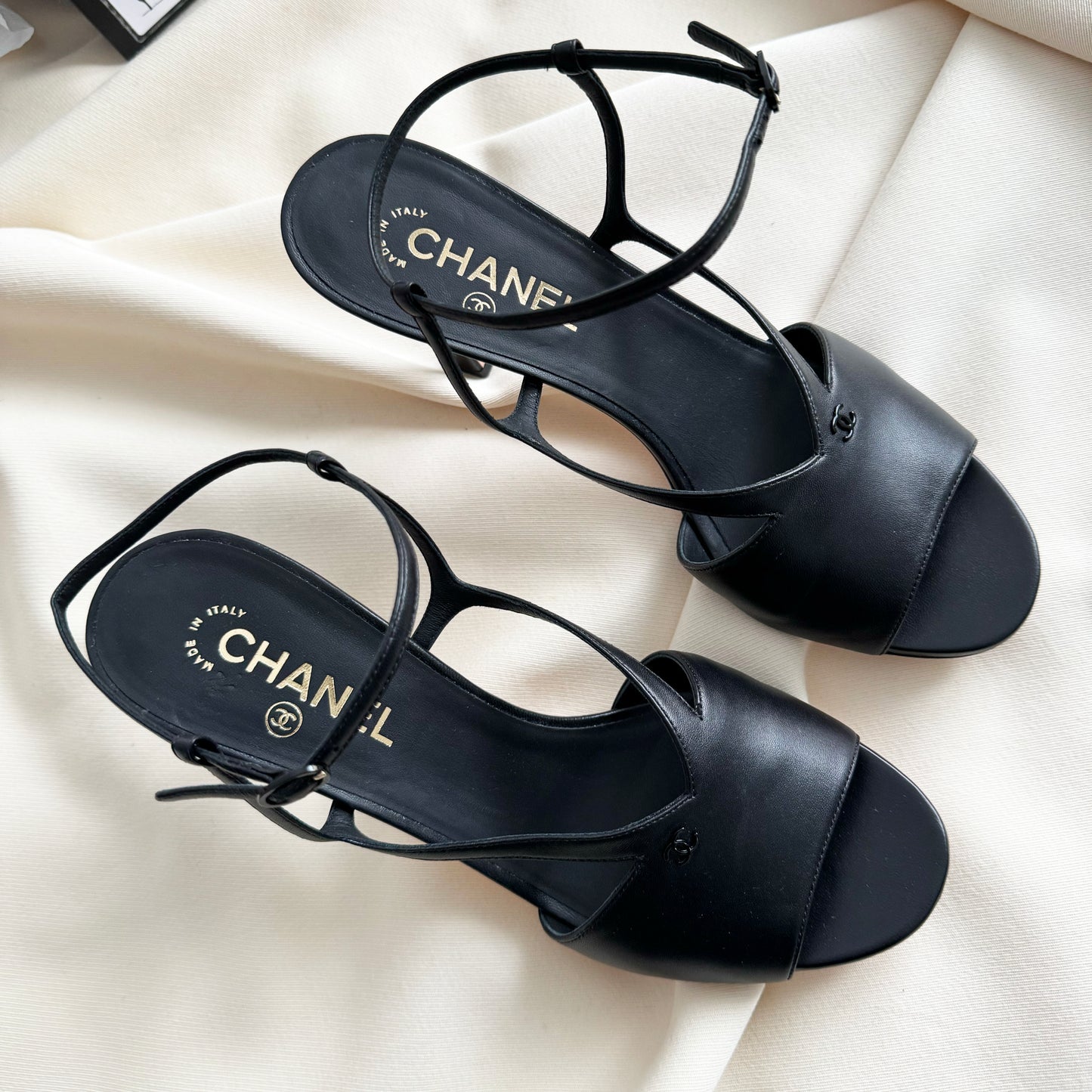 Chanel High Heel Leather Sandals in Black, size 41C