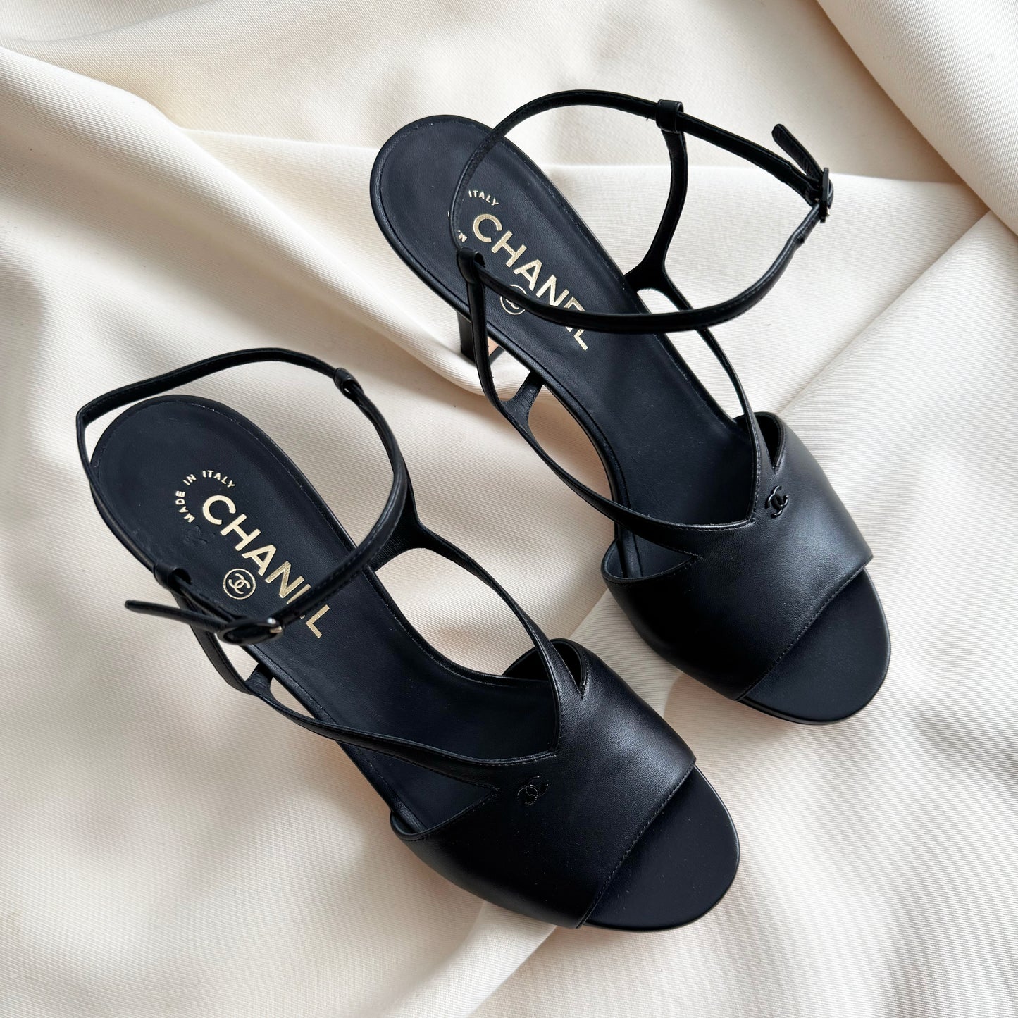 Chanel High Heel Leather Sandals in Black, size 41C