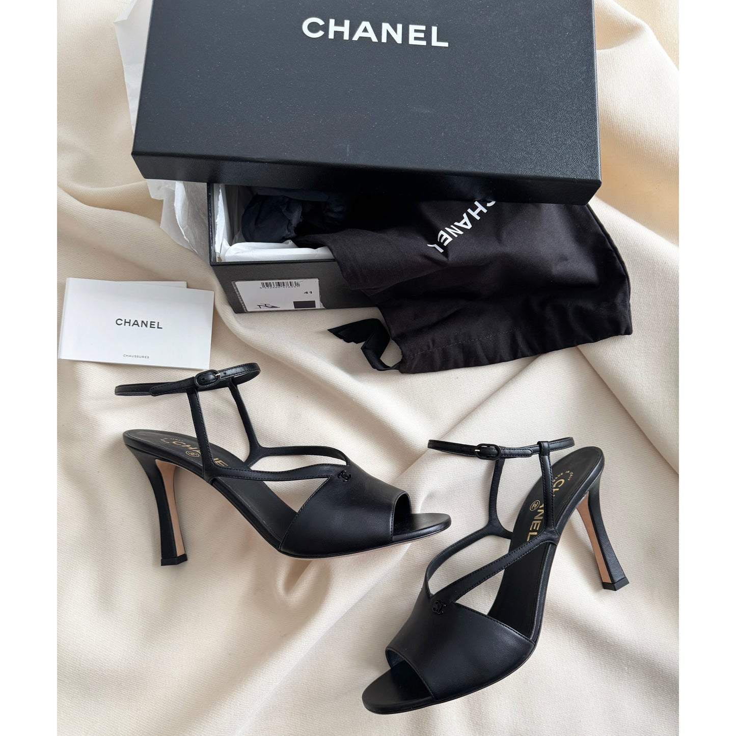 Chanel High Heel Leather Sandals in Black, size 41C