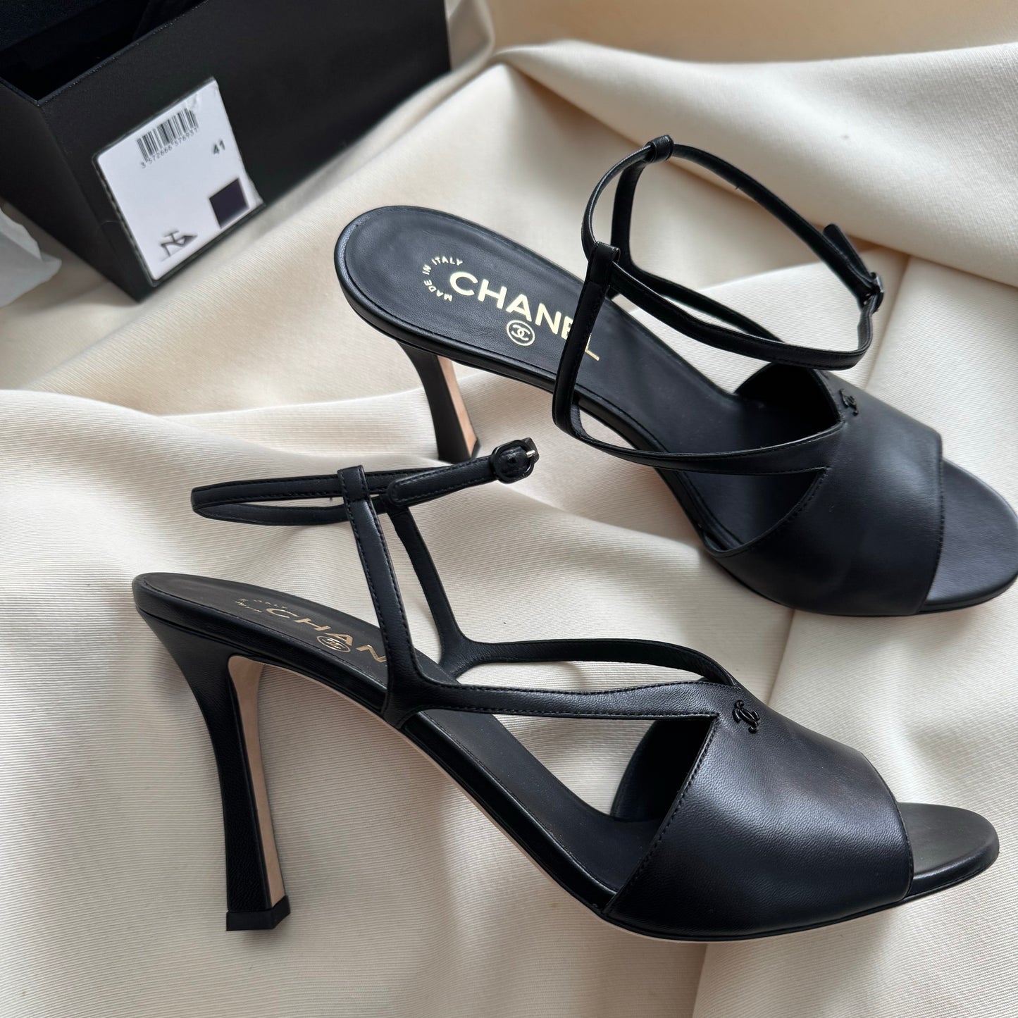 Chanel High Heel Leather Sandals in Black, size 41C