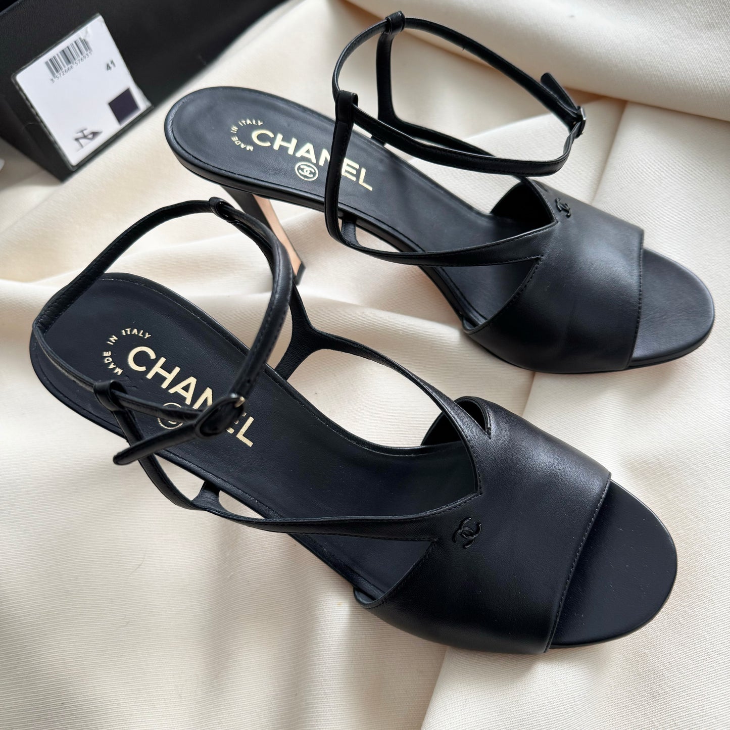 Chanel High Heel Leather Sandals in Black, size 41C
