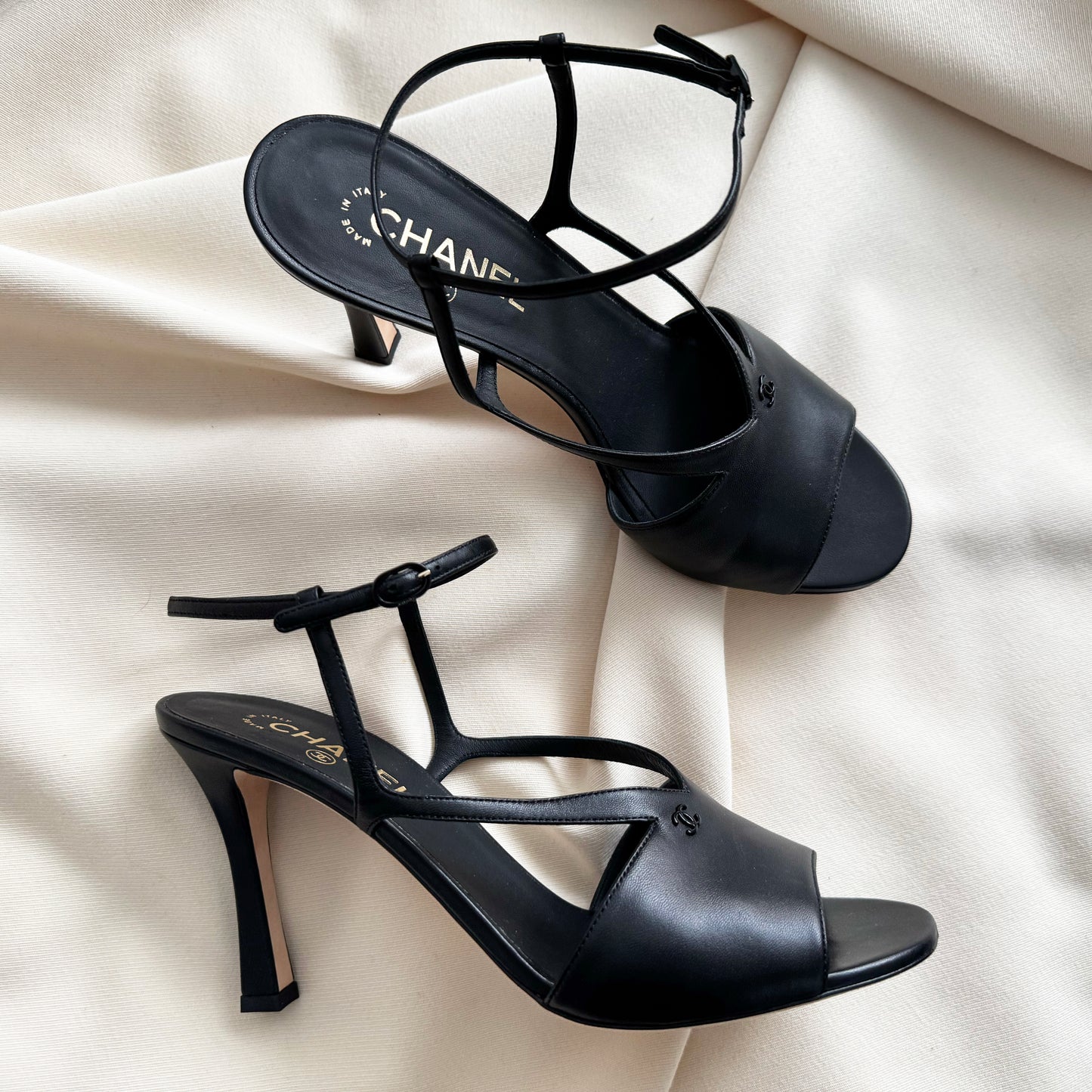 Chanel High Heel Leather Sandals in Black, size 41C