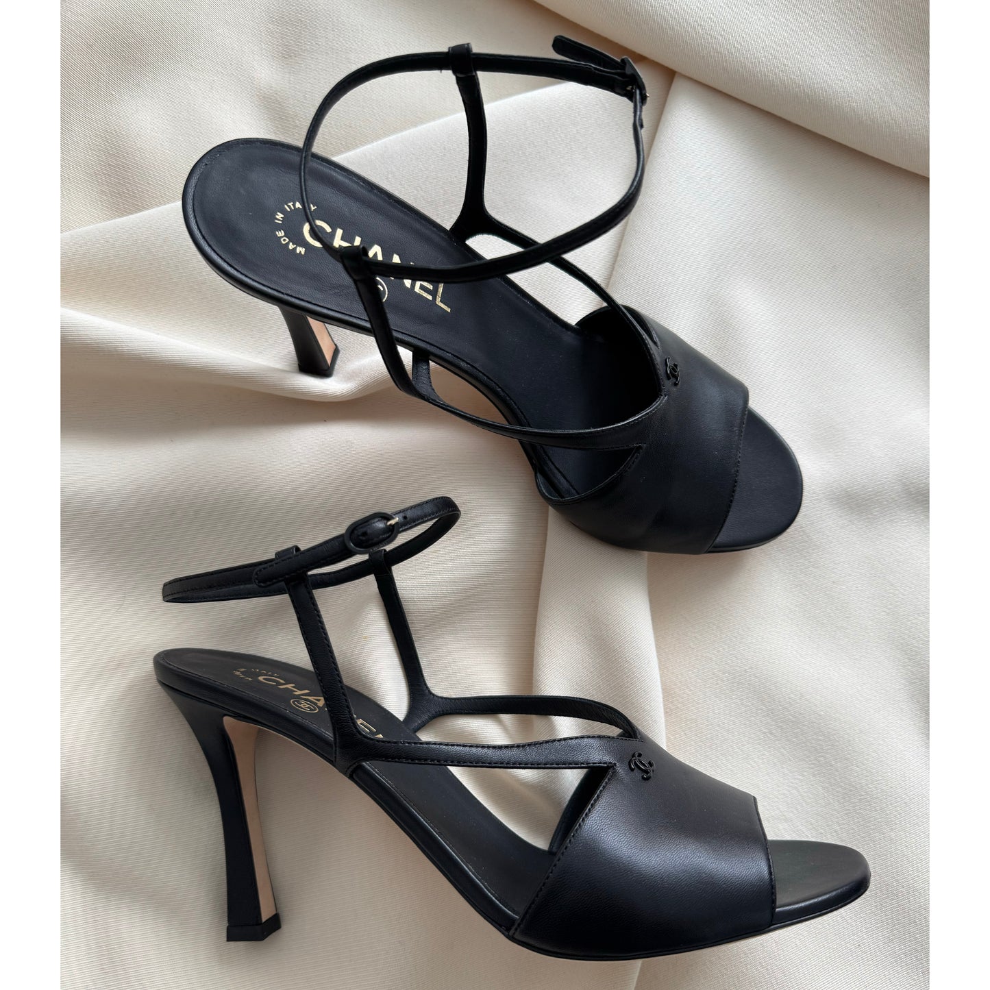 Chanel High Heel Leather Sandals in Black, size 41C