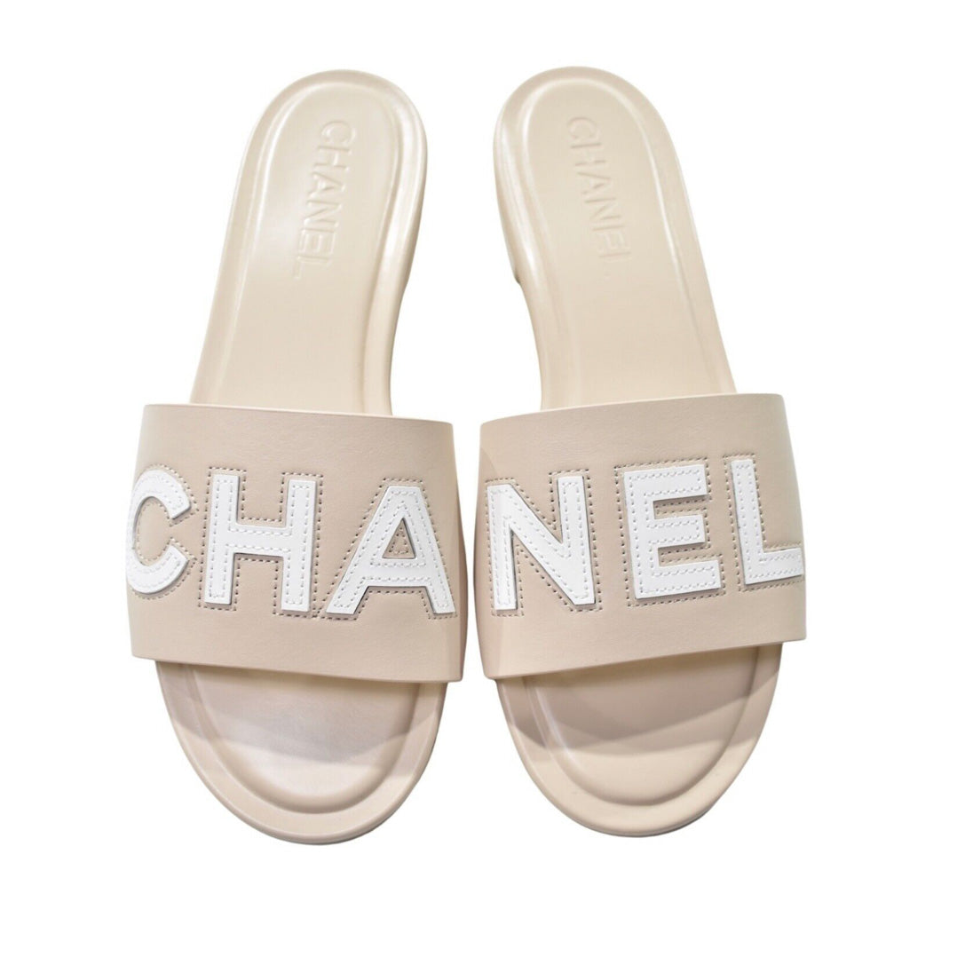 Chanel Flat Logo Slides in Blush/White, size 41C