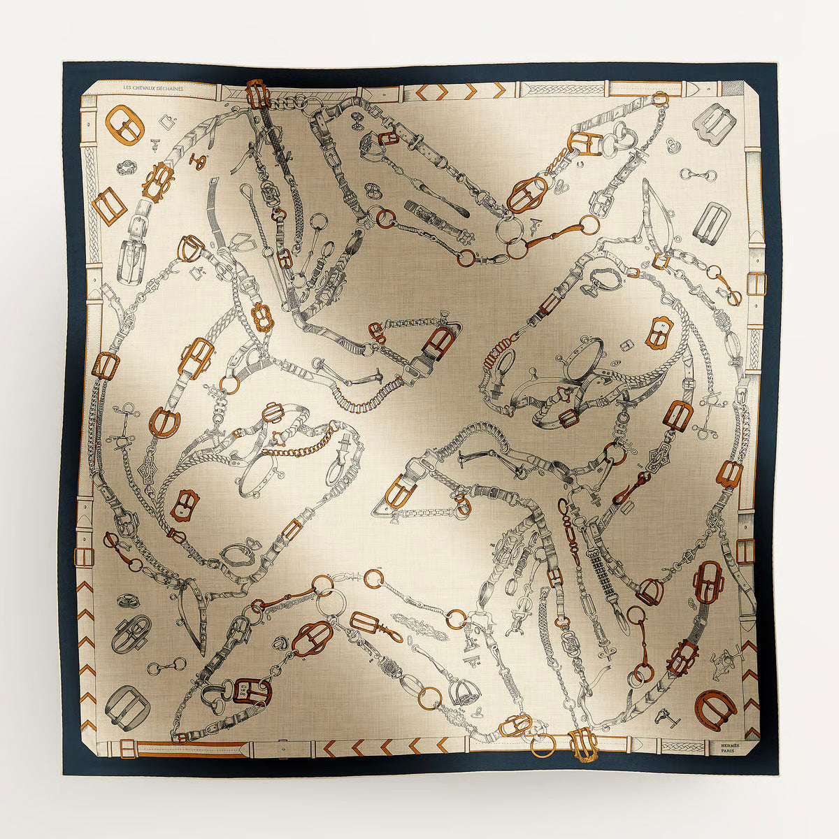 Hermes Cashmere/Silk "Les Chevaux Dechaines" Shawl 140 in Marine/Naturel/Gris