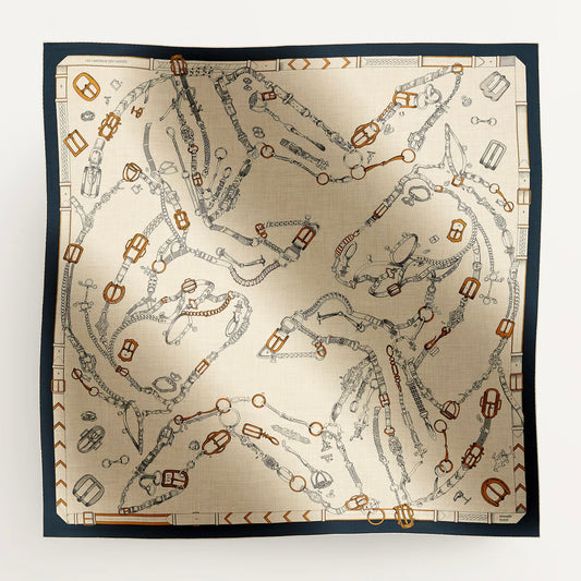 Hermes Cashmere/Silk "Les Chevaux Dechaines" Shawl 140 in Marine/Naturel/Gris