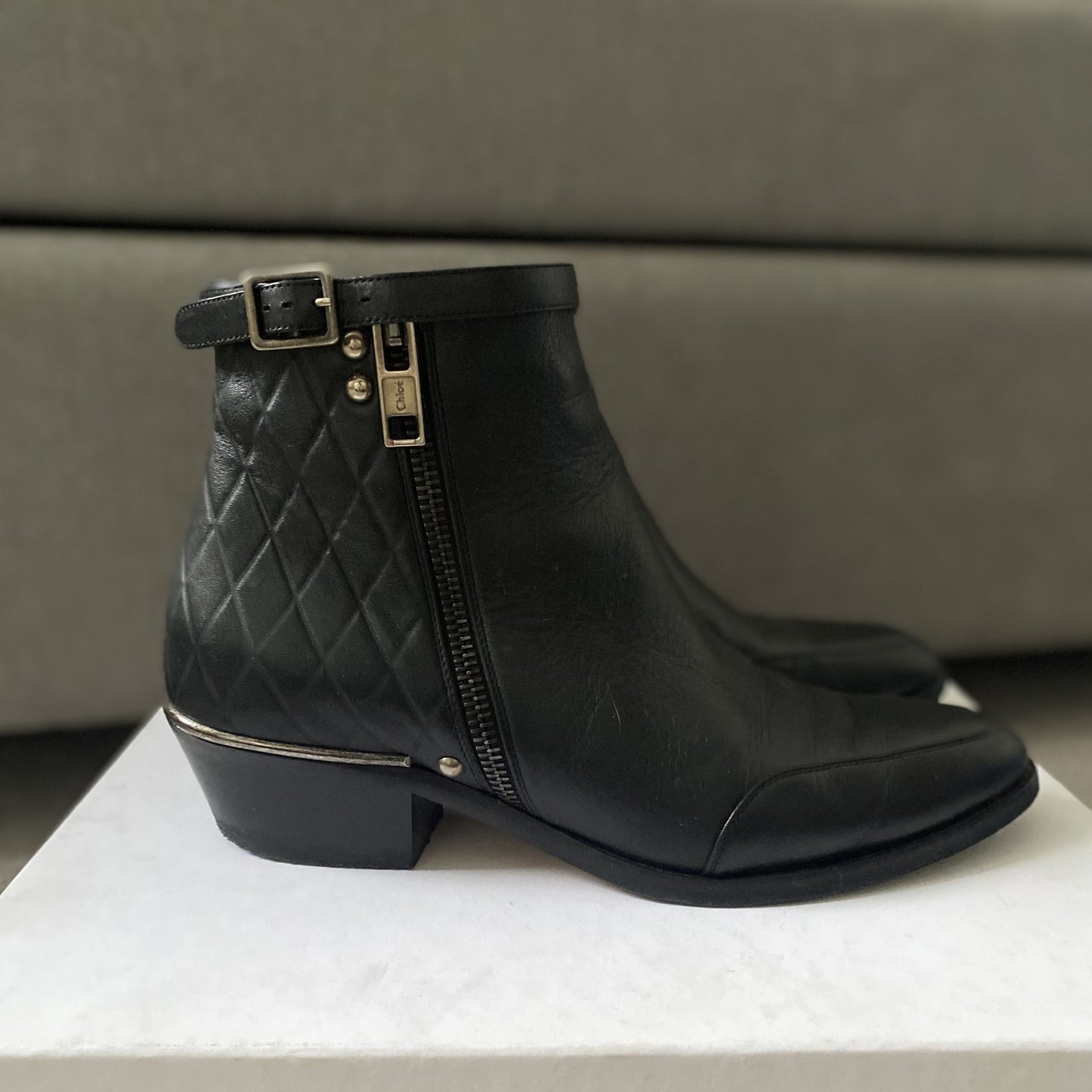 Chloe Quilted Ankle Boots in Black Leather, Size 35