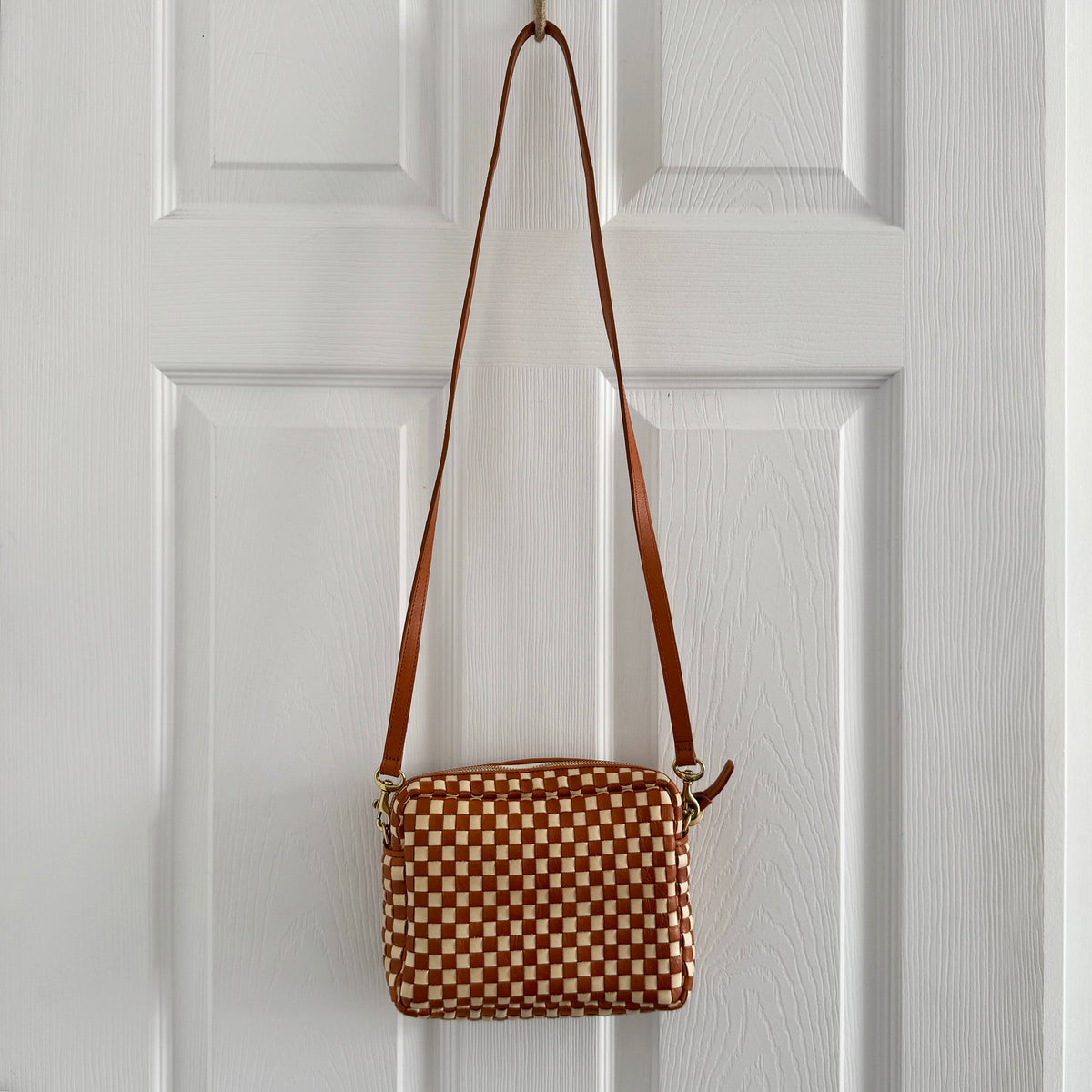 Clare V "Midi Sac" in Natural & Cream Woven Checker Leather