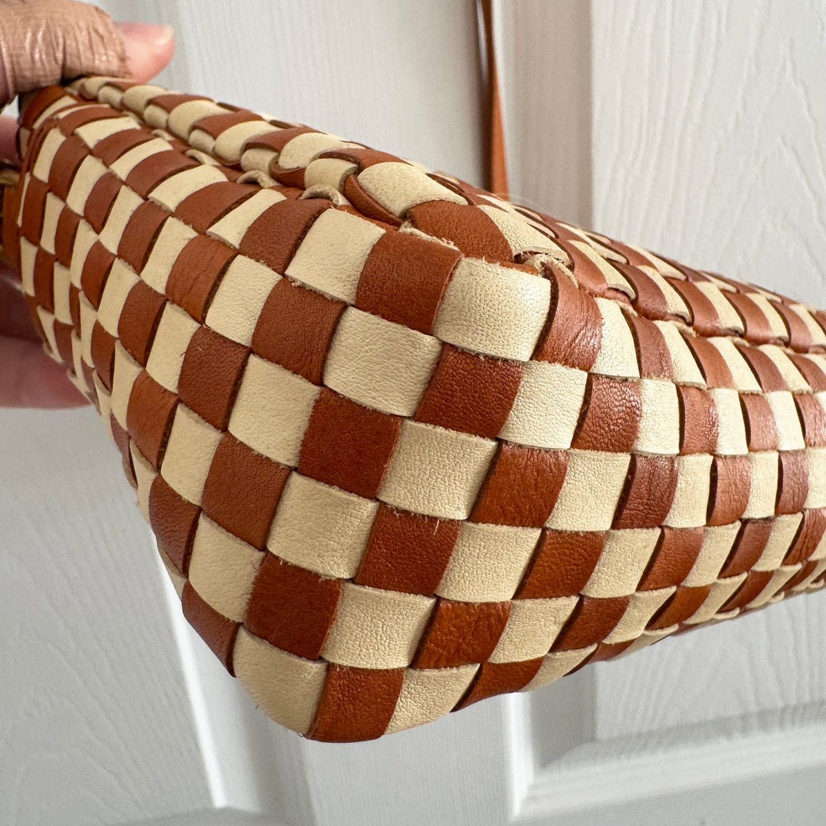 Clare V "Midi Sac" in Natural & Cream Woven Checker Leather