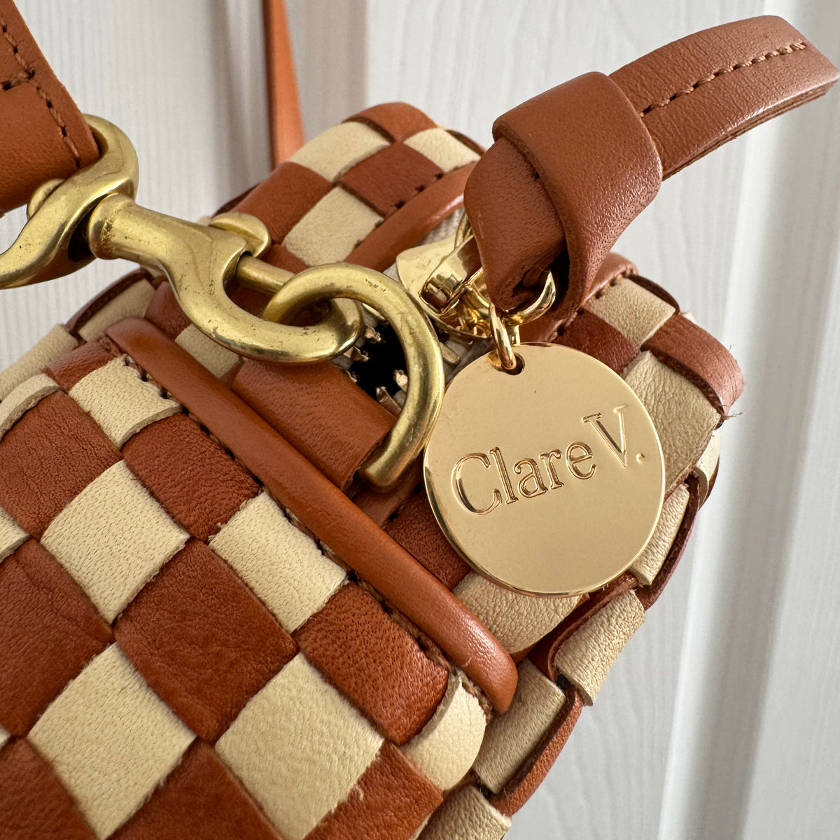 Clare V "Midi Sac" in Natural & Cream Woven Checker Leather