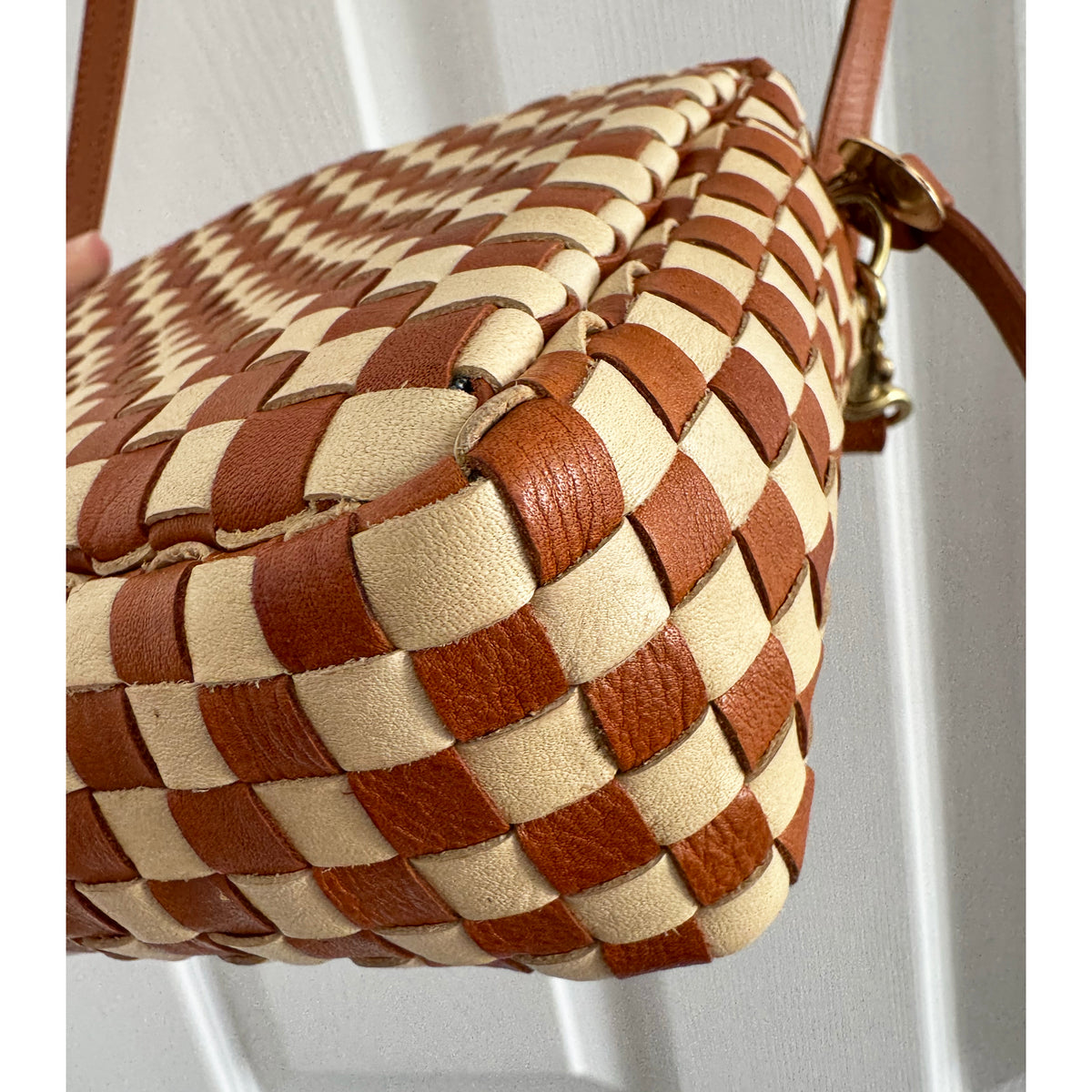 Clare V "Midi Sac" in Natural & Cream Woven Checker Leather